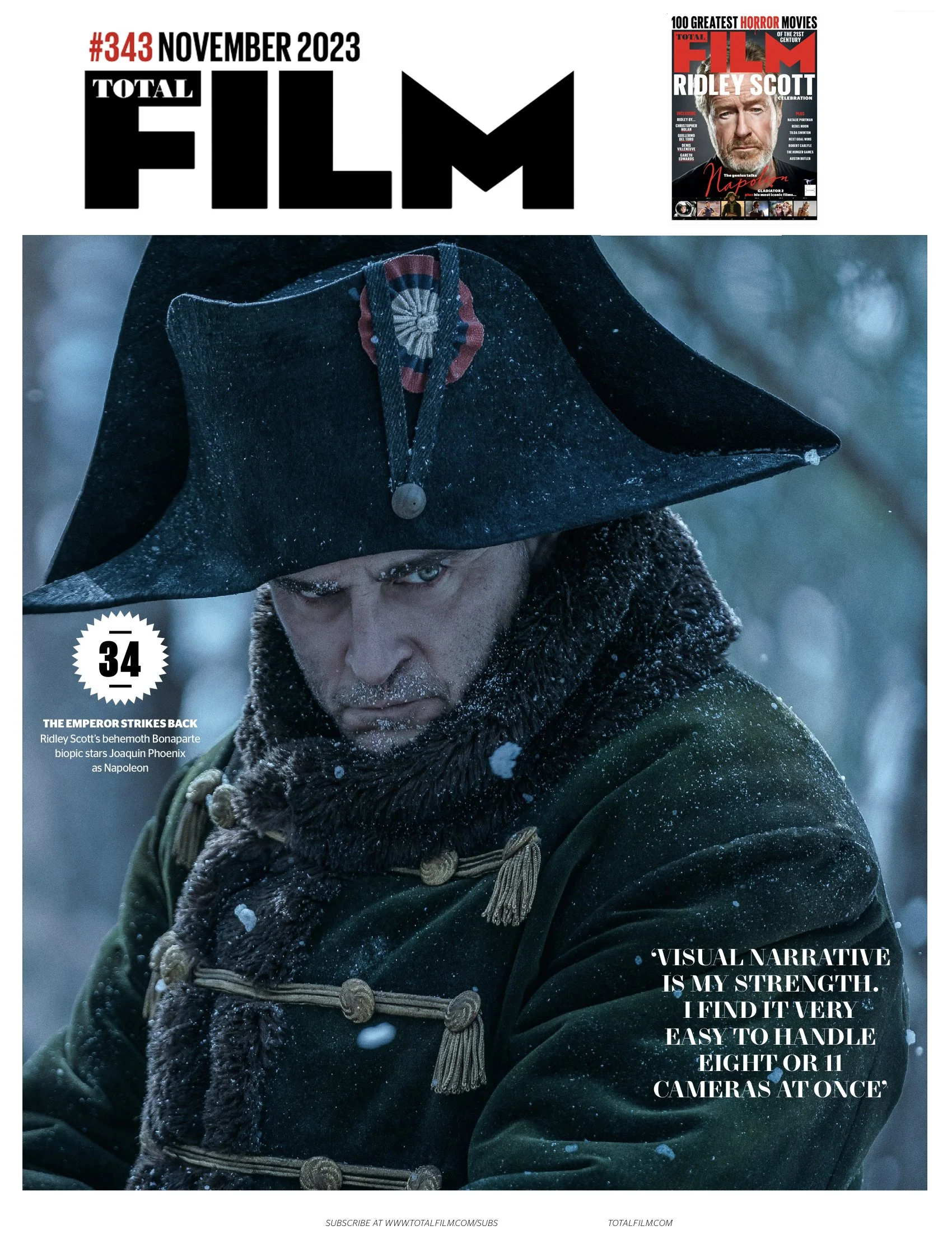  Total Film Magazine “The Emperor Strikes Back”. Check out the latest issue of Total Film for a in-depth look at “Napoleon” and how Director Ridley Scott brought this epic to life in just 62 days.”    Pictured Joaquin Phoenix on set of Napoleon. Phot