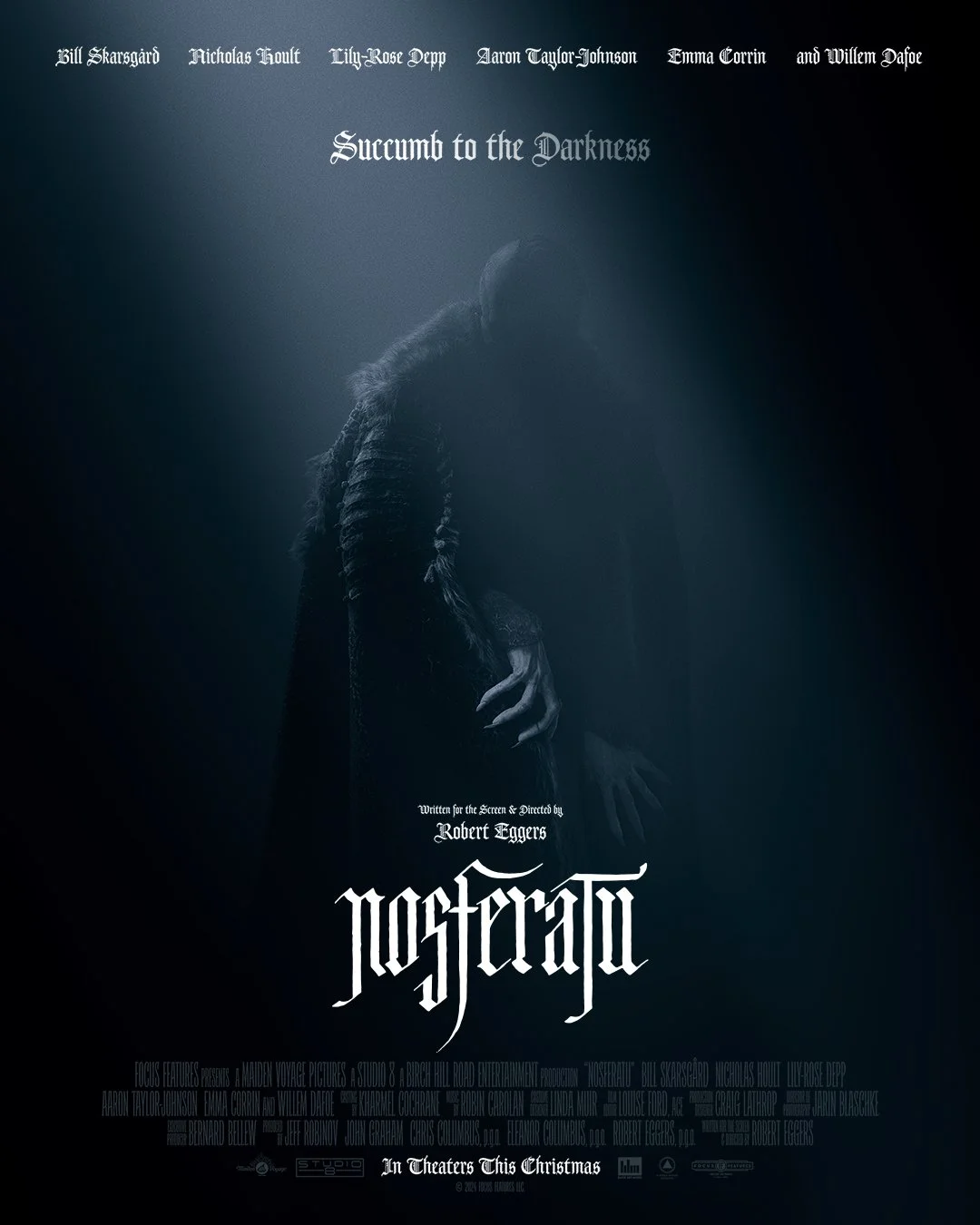  #NOSFERATU “Succumb to the darkness”.  Exclusive first look at the official poster for @NosferatuFilm, the most watchlisted film of 2024.    Starring Bill Skarsgård, Lily-Rose Depp, Nicholas Hoult, Emma Corrin, and Willem Dafoe. Directed by Robert E
