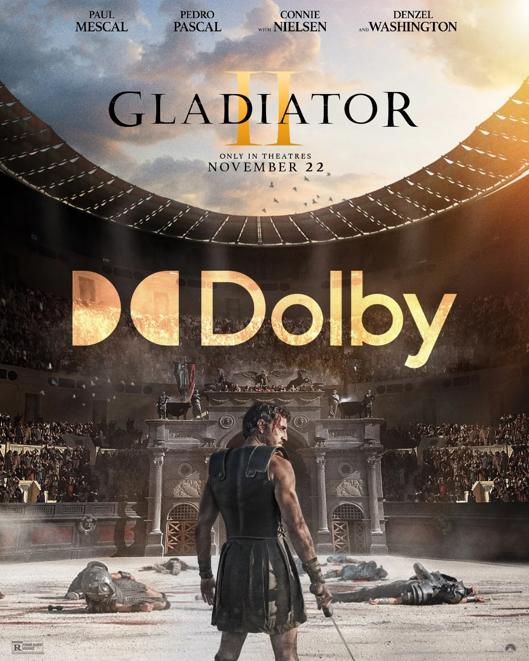  “Feel the roar of the Colosseum” #DolbyCinema poster for Ridley Scott’s ’Gladiator II’.  Starring Paul Mescal, Pedro Pascal, Connie Nielsen, Denzel Washington &amp; Joseph Quinn.  Fantastic composition by poster Designers from various photographic e