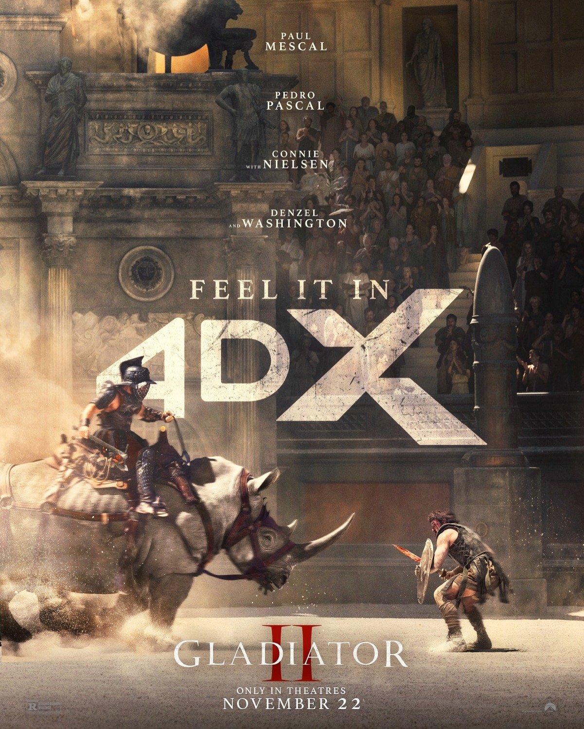  “The theatre is your arena”. #GladiatorII #4DX poster for Ridley Scott’s ’Gladiator II’.  Starring Paul Mescal, Pedro Pascal, Connie Nielsen, Denzel Washington &amp; Joseph Quinn.  Fantastic composition by poster Designers from various photographic 