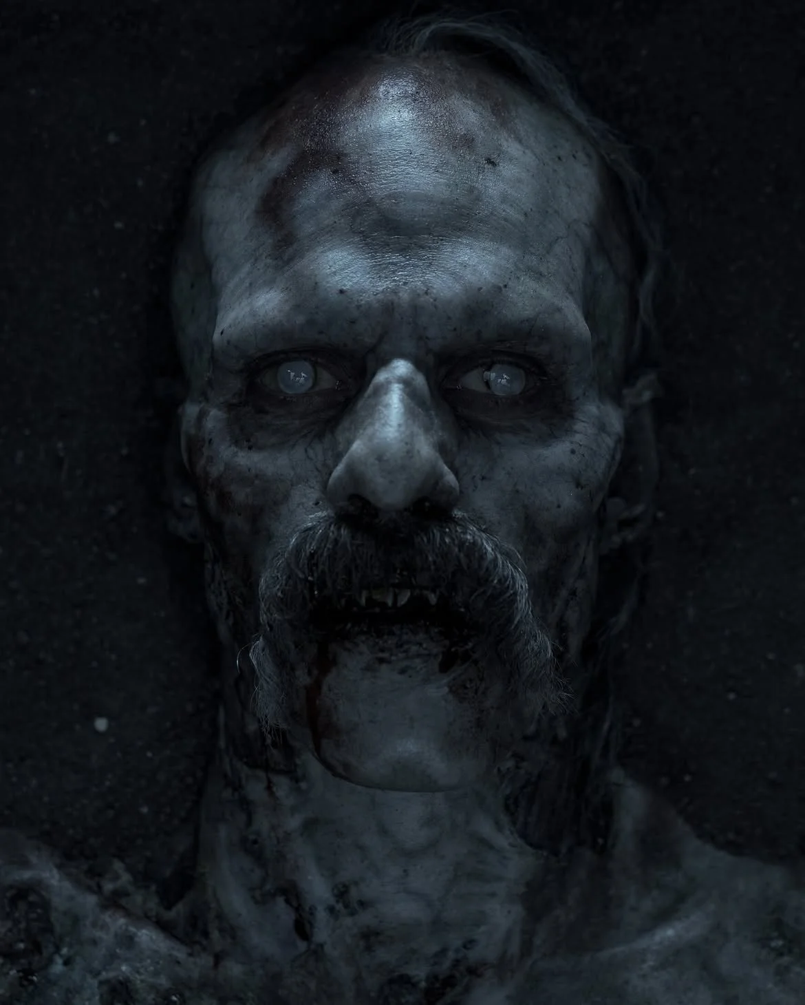  A haunting close-up image of Count Orlok from  Nosferatu  (2024), portrayed by Bill Skarsgård. His pale, decayed skin is covered in intricate prosthetic details, with hollow, eerie white eyes staring lifelessly ahead. Bloodstains and grime mark his 