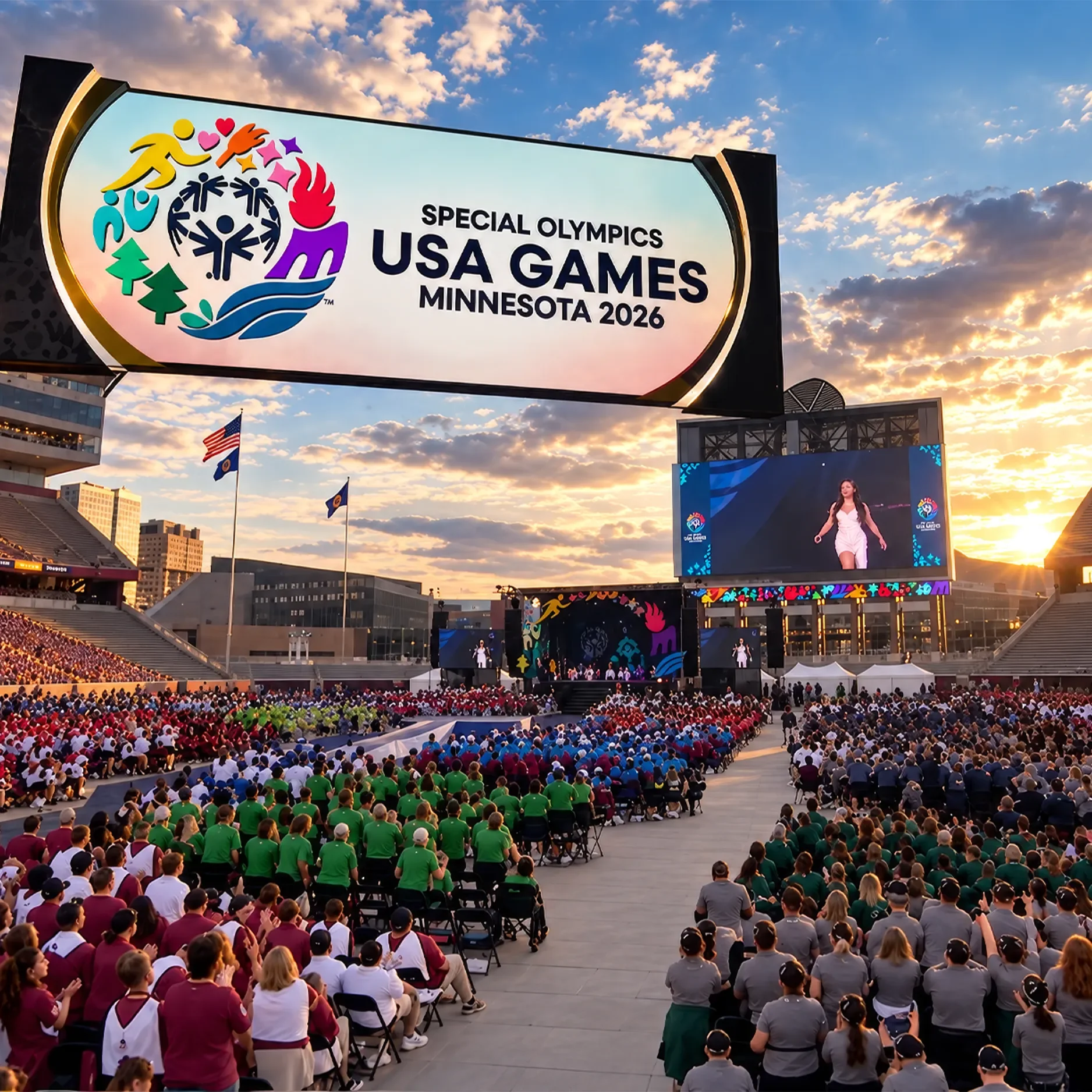 2026 Special Olympics USA Games opening ceremony in Minnesota, with a stadium crowd, event signage, and a live performance at sunset.