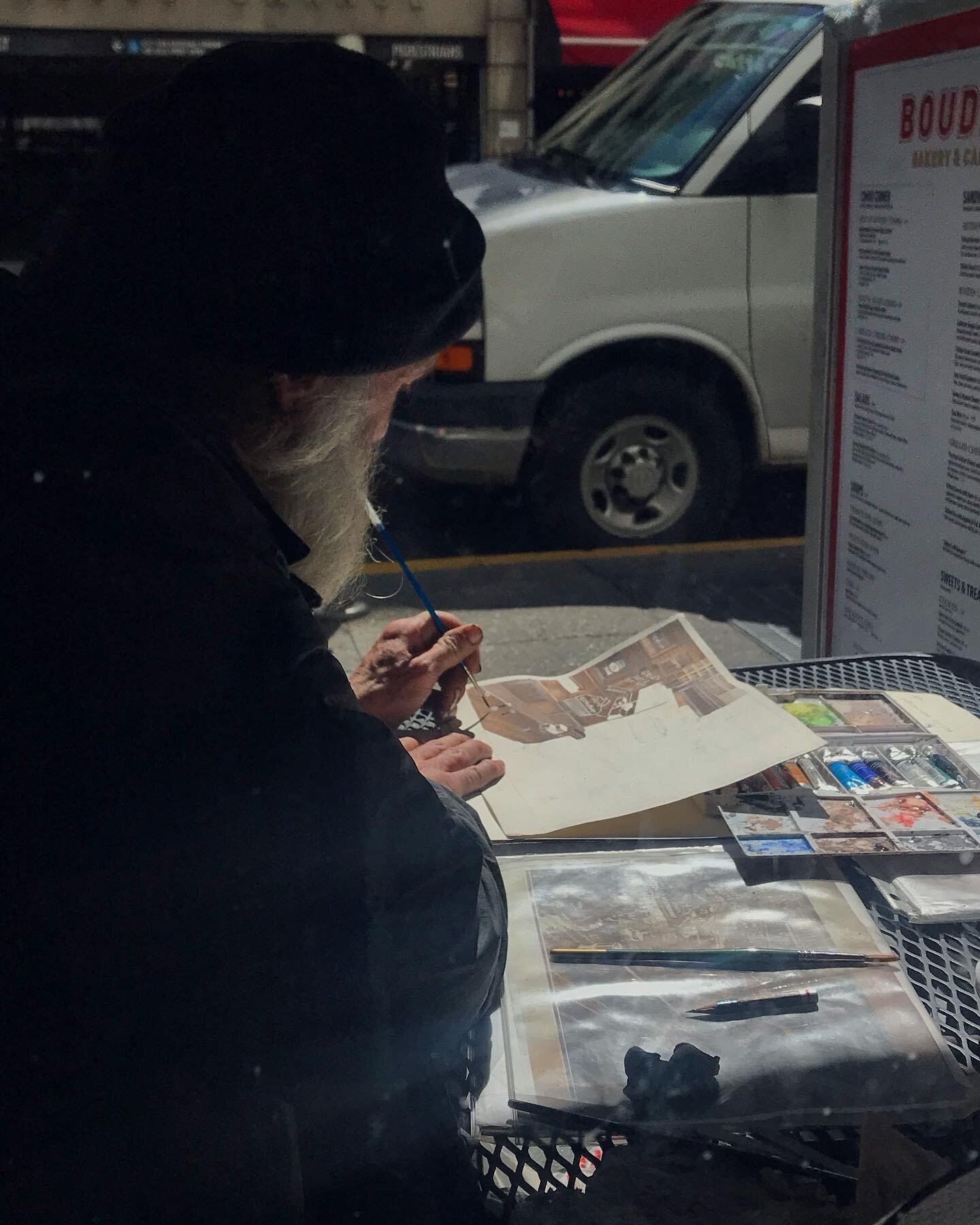 I miss working from cafes + people watching. I remember this day vividly. The rain cleared by lunchtime on a Friday so I walked down to edit in Boudin&rsquo;s for a bit. I&rsquo;d just given him my extra coffee &amp; 4 singles in front of Starbucks e