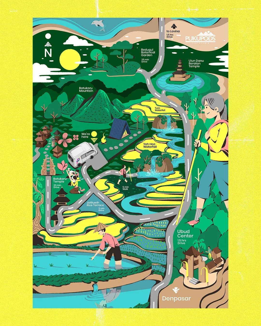 An illustrated interactive map project for pukupods_ of beautiful places you can visit around Jatiluwih, Tabanan, Bali - that are accessible around pukupods_.