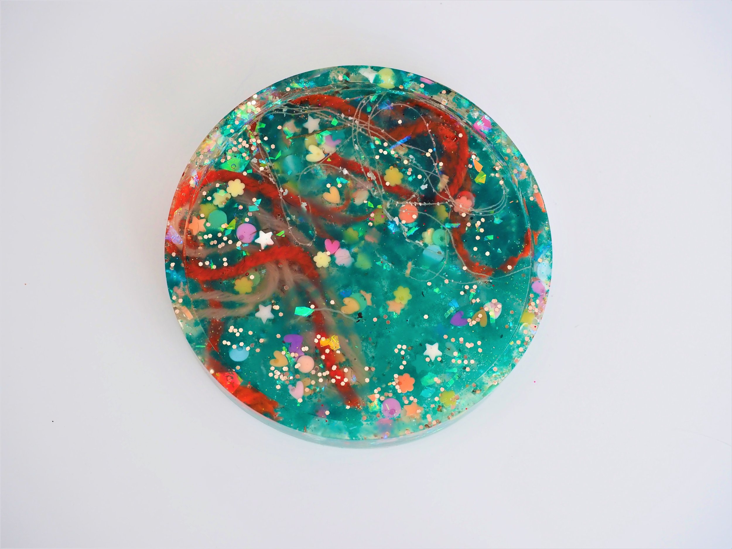 Circular Coaster - Teal Orange Sprinkles Yarn Thread Sand (39).JPG