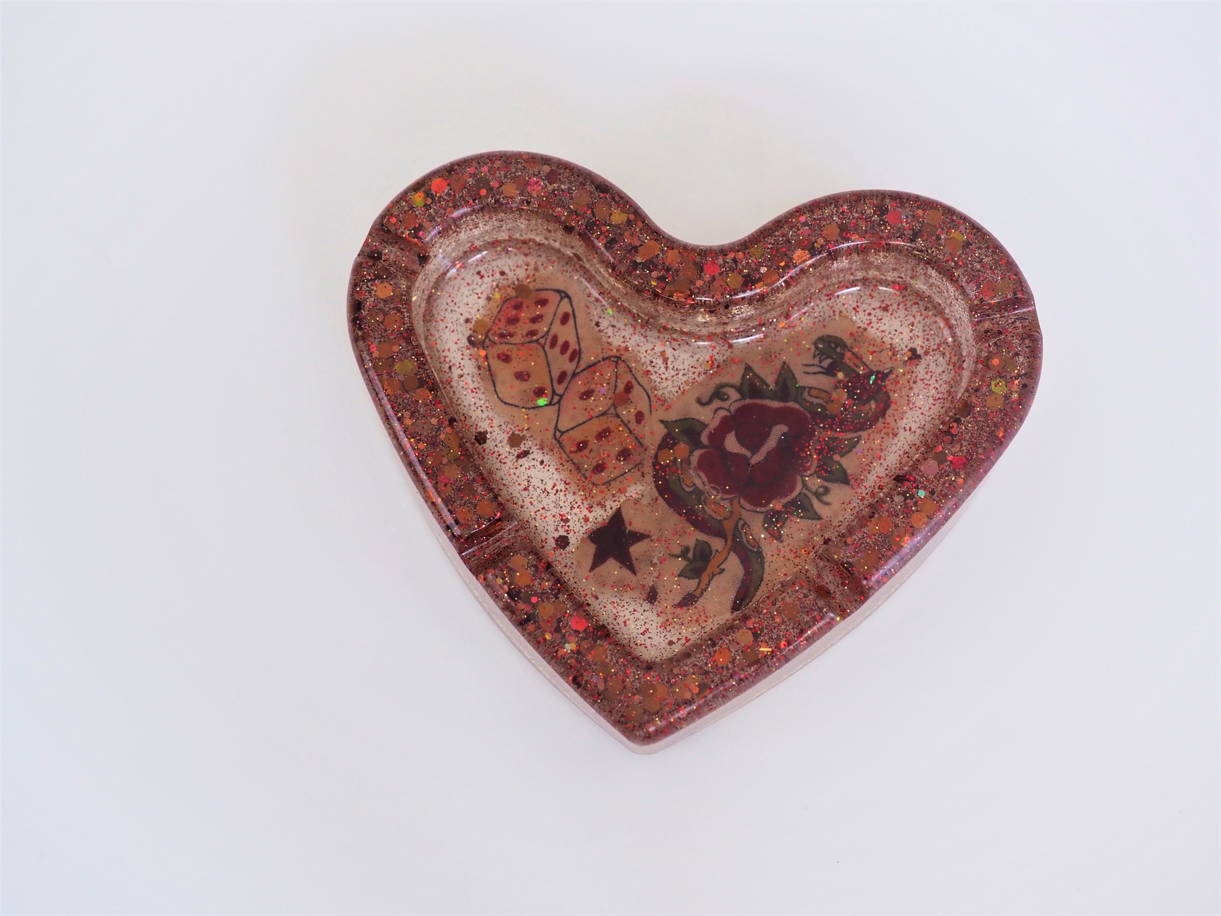 Heart-Shaped Ashtray - Red Orange Brown Glitter Tattoo Fabric Clear (19).JPG