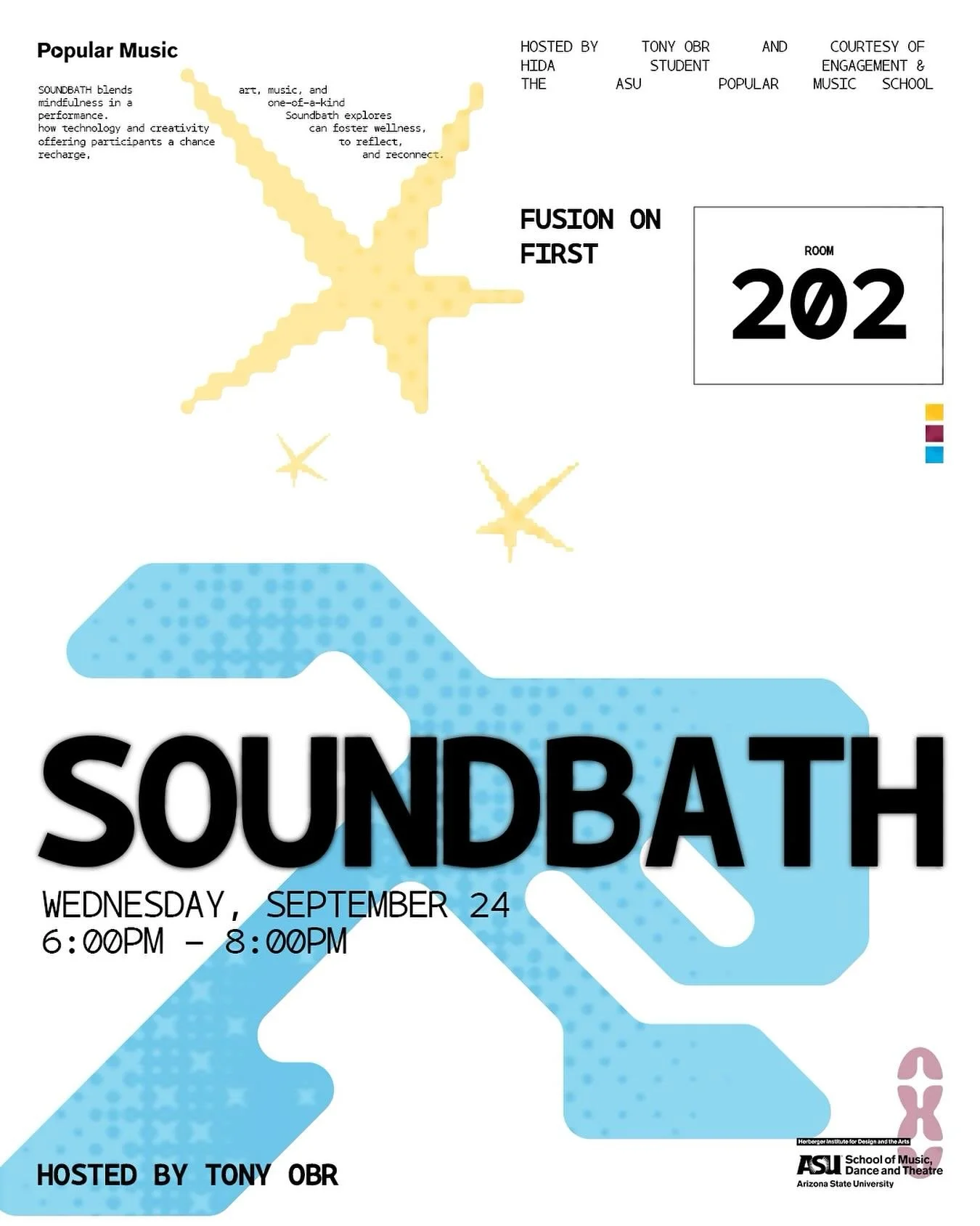 The first in this semester&rsquo;s series of modular synthesizer sound baths at ASU is happening  Wednesday at 6pm. This year we&rsquo;re moving the sound baths to room FOF202, same building but just around the corner from where they&rsquo;ve been he