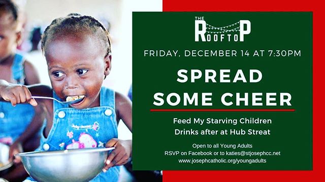 Instead of our December Rooftop event, we will be spreading some Christmas cheer together this Friday! Wear a festive Christmas sweater and join us at Feed My Starving Children! 🎄 The Rooftop will resume January 24th! #sjyoungadults