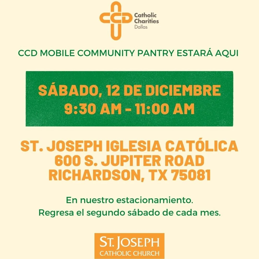La despensa móvil de alimentos estará en el estacionamiento de St. Joseph el sábado 12 de diciembre. No es necesario registrarse, simplemente venga al estacionamiento de St. Joseph el sábado. Por favor, quédese en su automóvil y los voluntarios lo g…