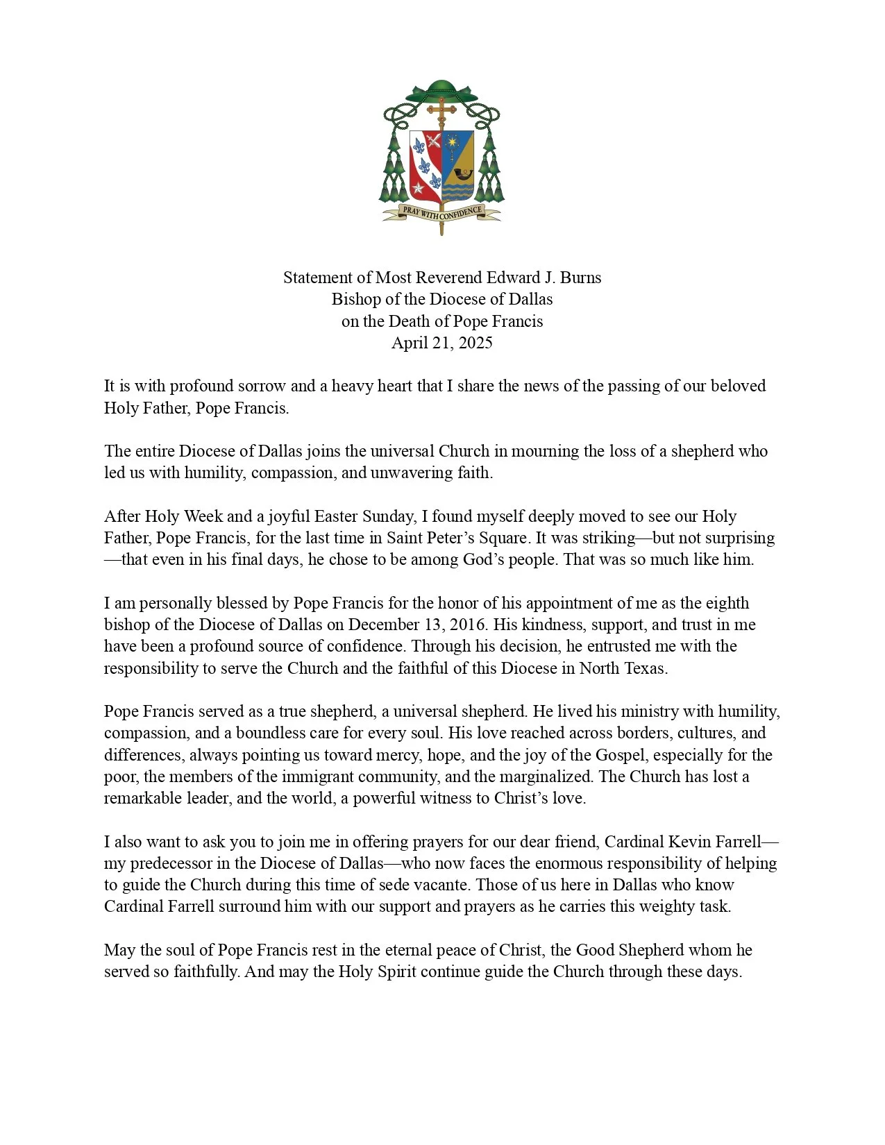 Statements from Bishop Burns — Saint Joseph Catholic Church ...