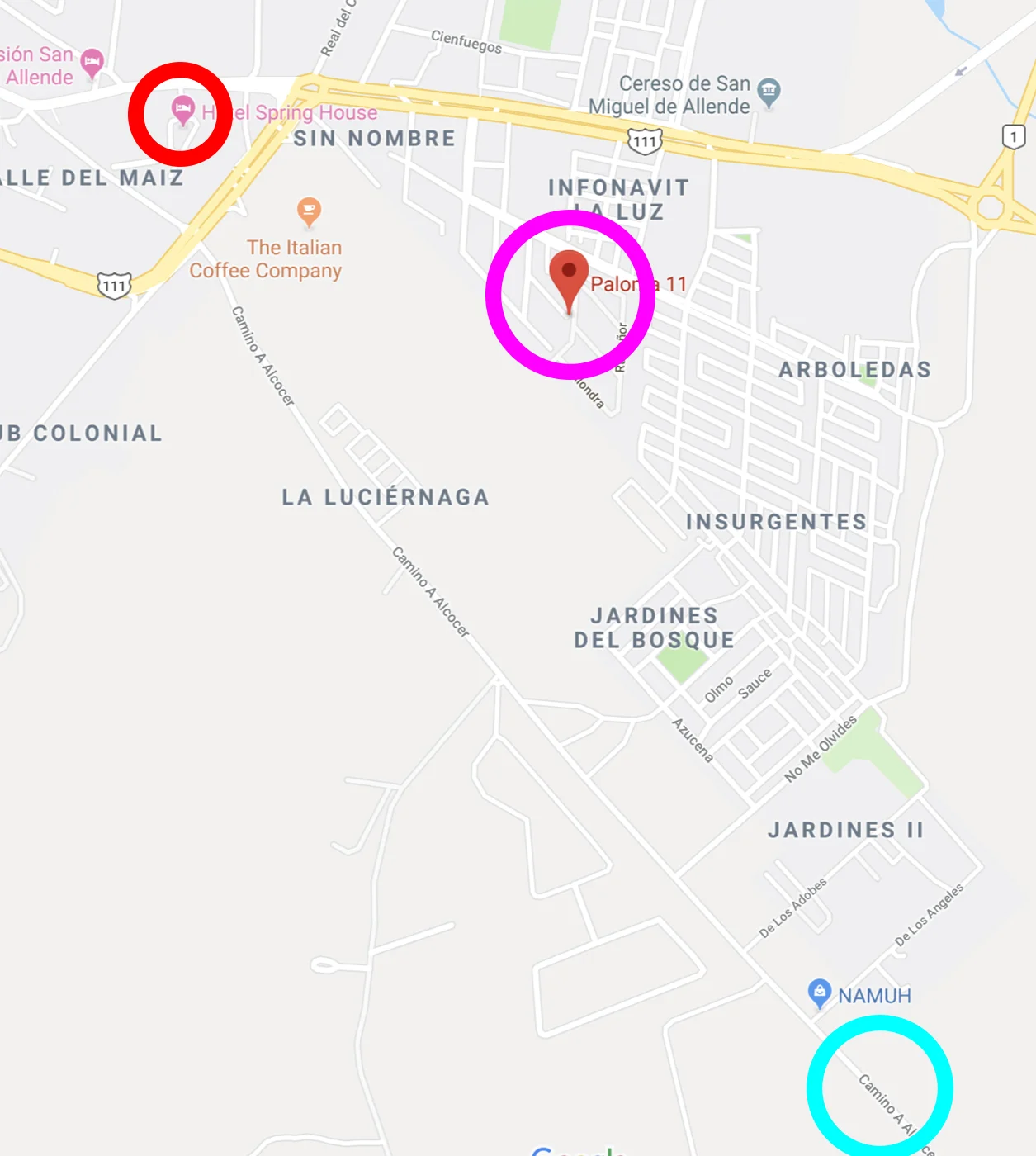 STUDIO, pink circle. JERRY’S HOME, blue circle. HOTEL CASA PRIMAVERA, red circle.