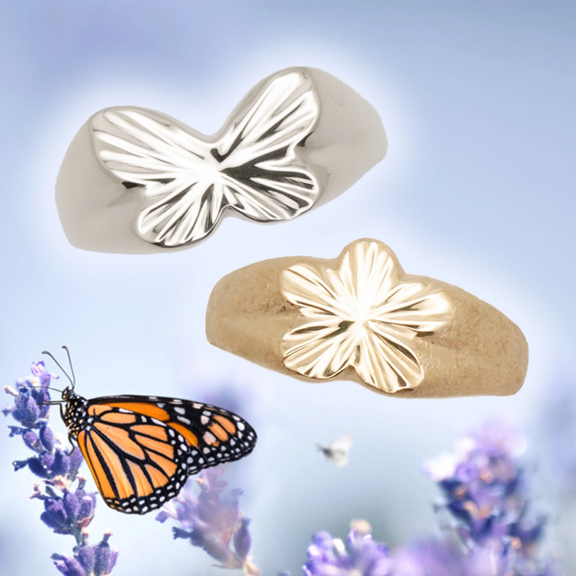 Butterfly and Flower Signet Rings