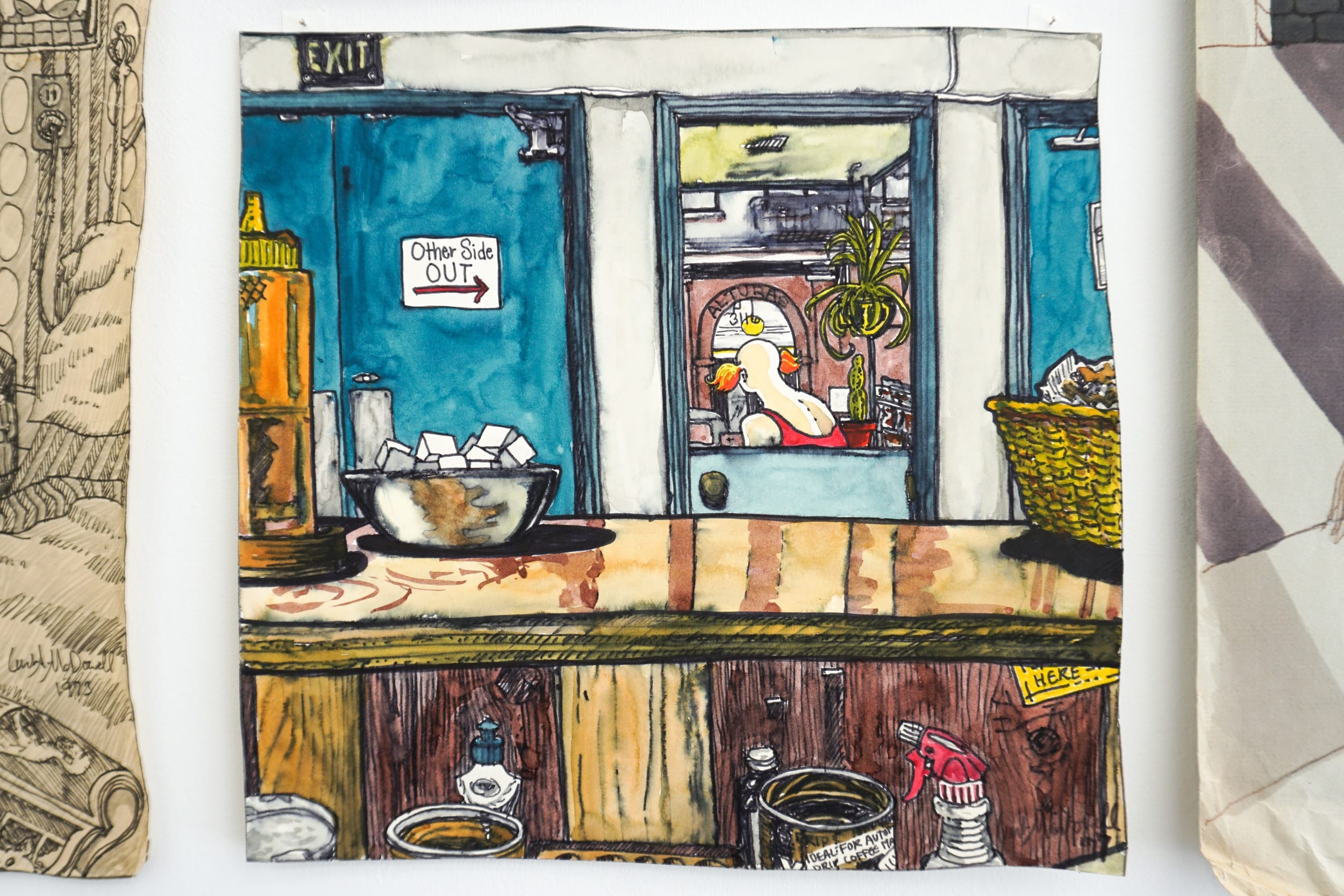  Curt McDowell  Untitled (Loretta, from the kitchen) , date unknown Watercolor and ink on paper 9 x 9.5 inches 