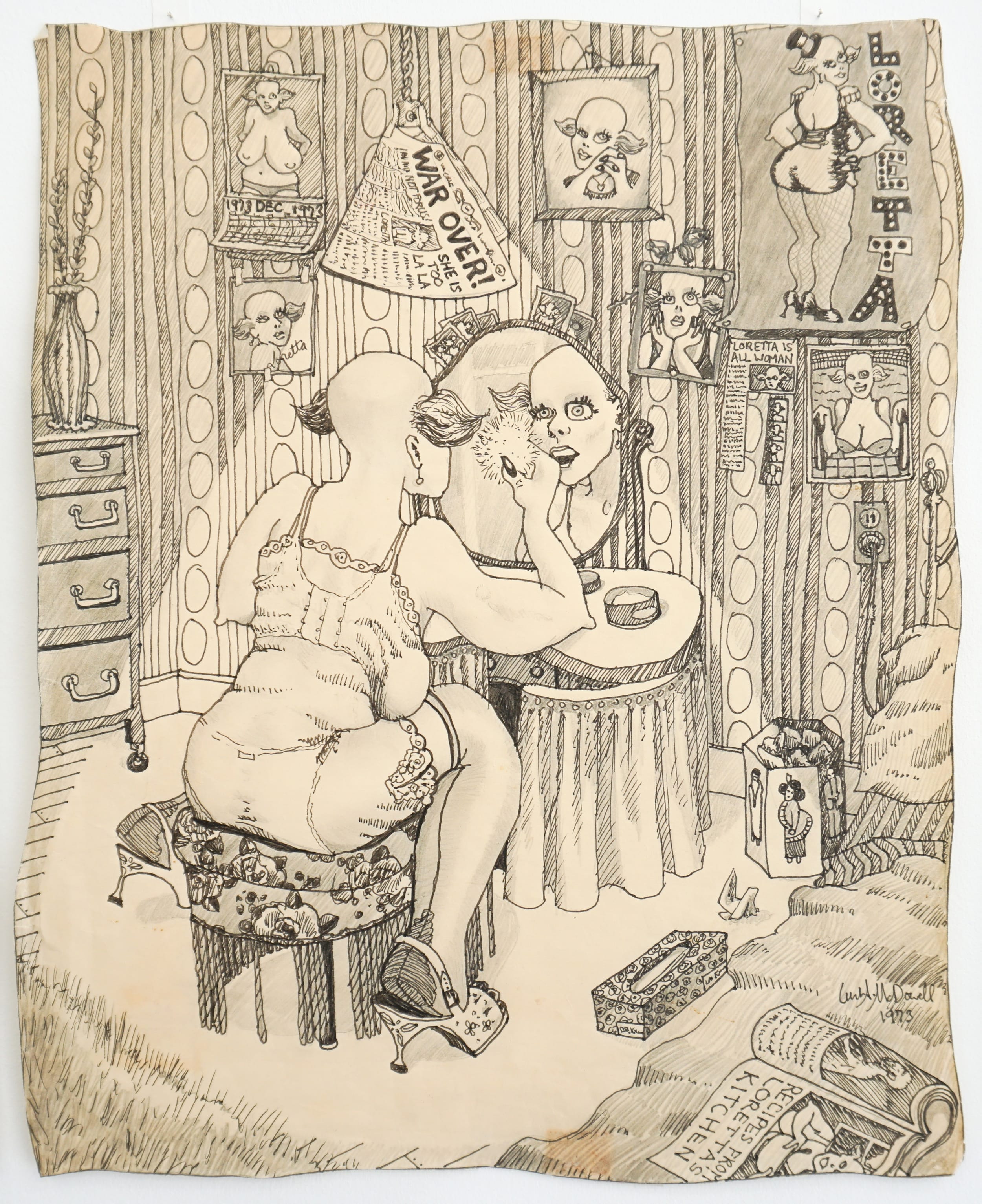  Curt McDowell  Untitled (Loretta in the dressing room) , 1973 Pen and graphite on paper 15 x 12 inches 