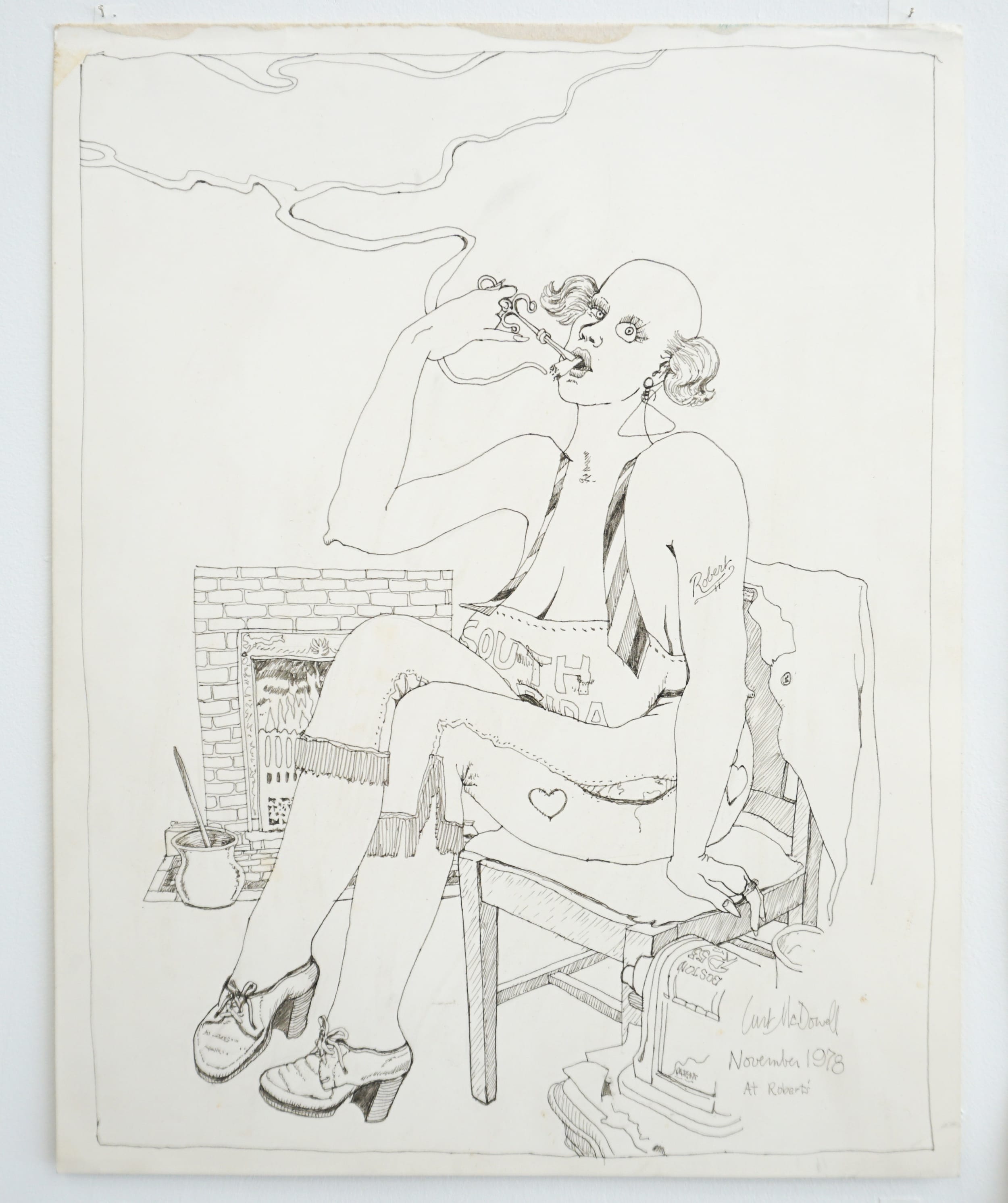  Curt McDowell  Untitled (Loretta smoking) , 1978 Graphite and ink on paper 14 x 11 inches 