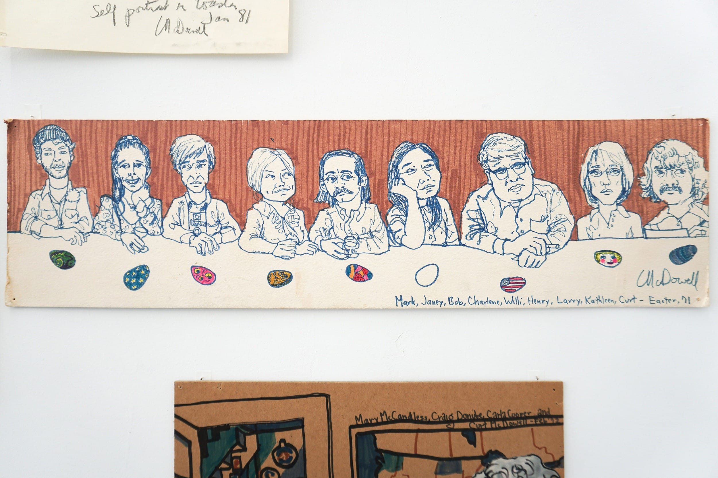  Curt McDowell  Mark, Janey, Bob, Charlene, Willi, Henry, Larry, Kathleen, Curt , 1971 Collage, mixed-media, marker on board 6 x 22 inches 