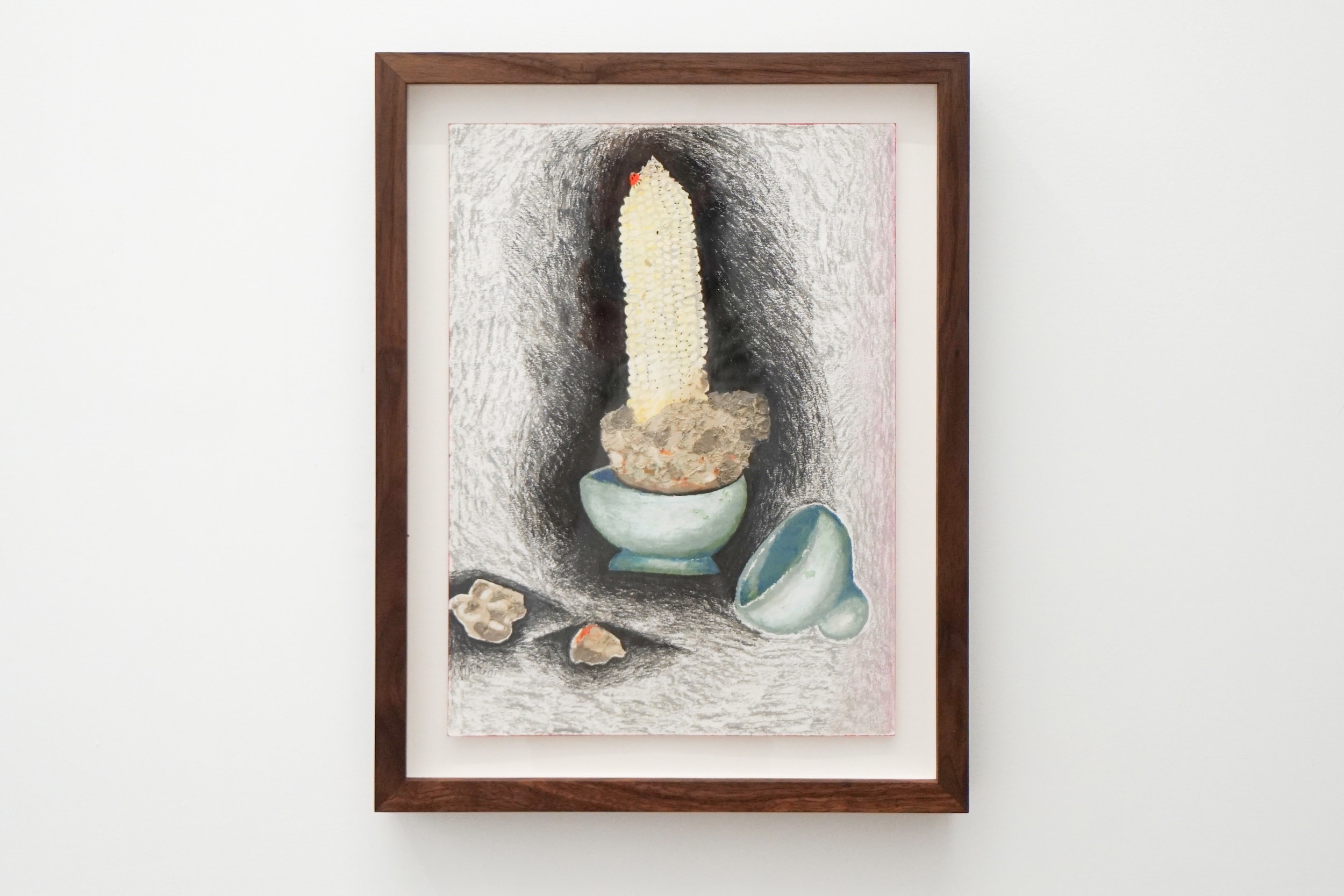  Morgan Ritter  Nesting Doll of White Corn and Putty Balls , 2015 Pastel, oil stick on paper, framed in walnut 18.5 x 14.5 inches 