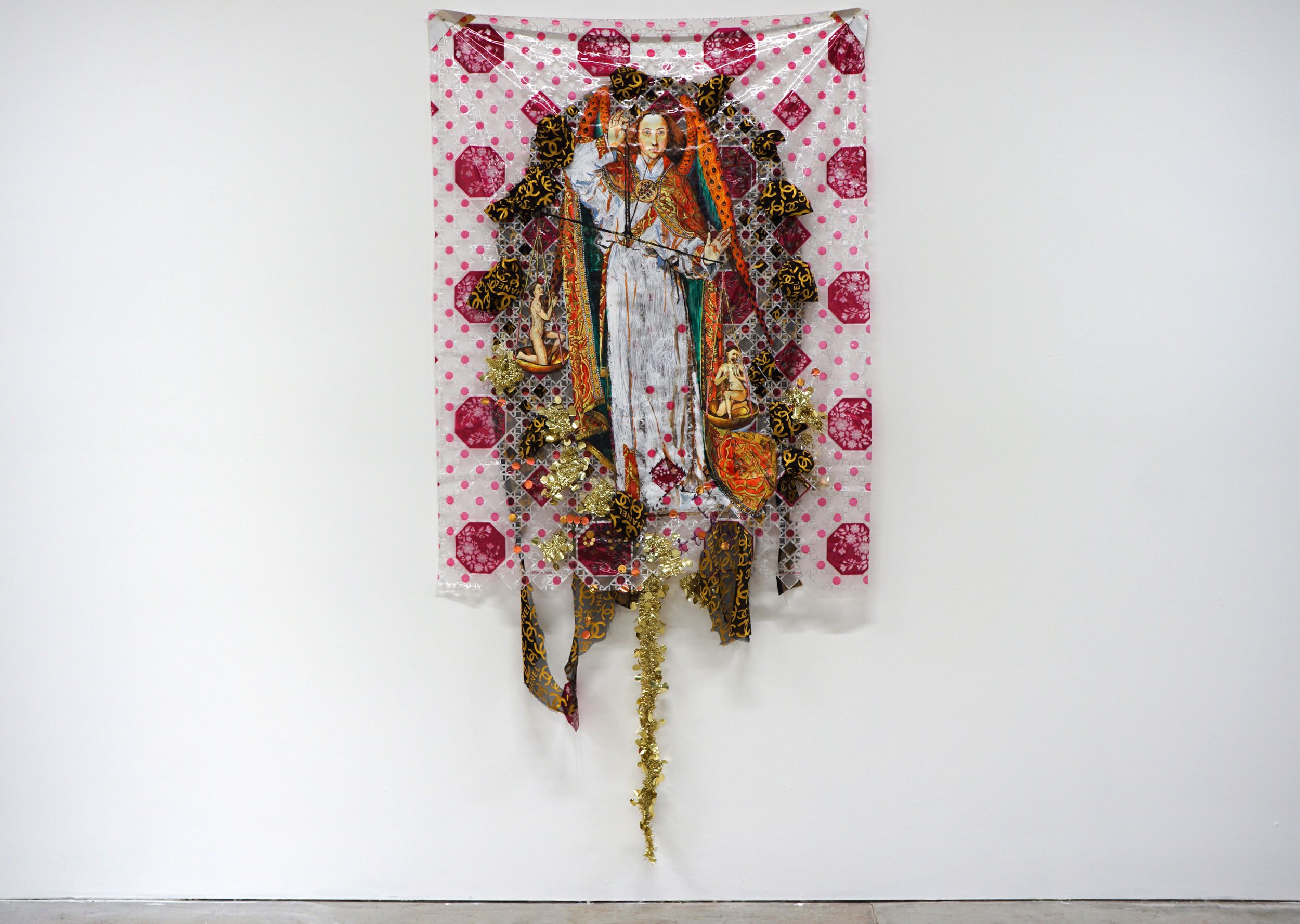  Christine Wang  To Buy or Not To Buy , 2013 Acrylic, tinsel, and fabric on plastic 60 x 50 inches 