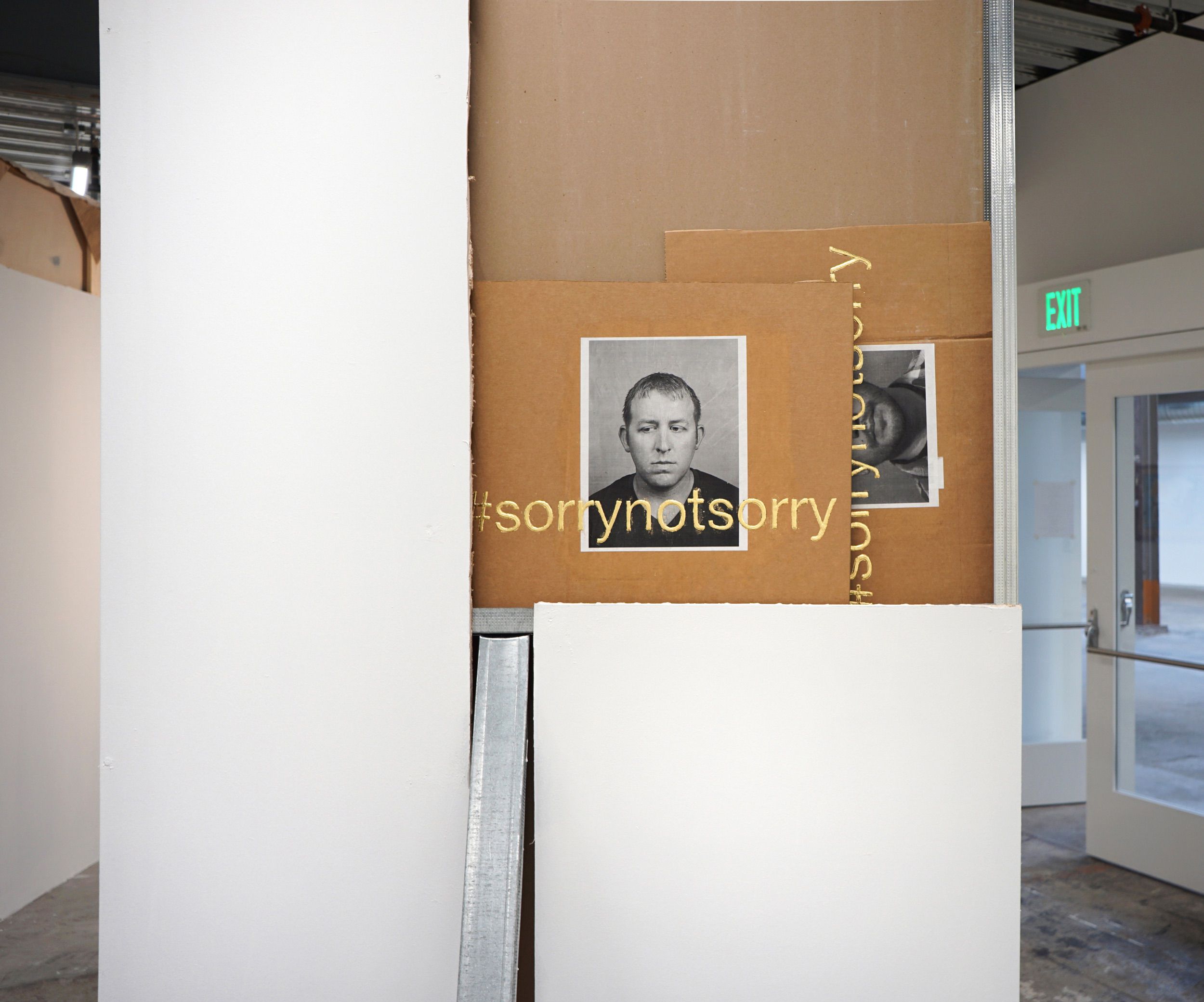  Christine Wang  Untitled (Darren Wilson)  &amp;  Untitled (George Zimmerman) , 2017 Xerox, acrylic, and gold leaf on cardboard 16 x 12 inches, each 