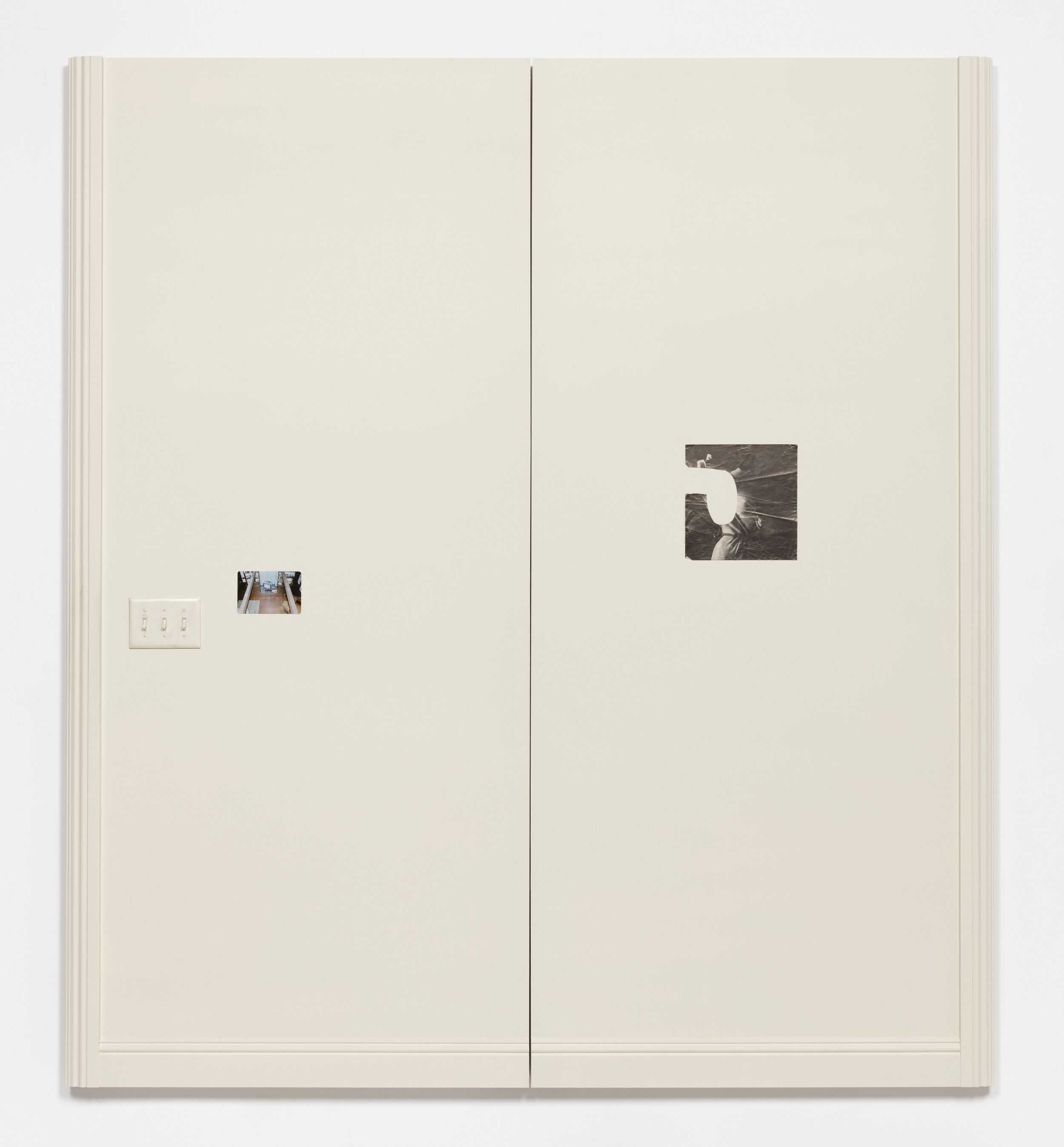  Andrew Chapman  Templates for Recall (2) , 2018 Light switches, moulding, color photo, magazine clipping, and latex paint on panels 95 x 86.5 x 2 inches 
