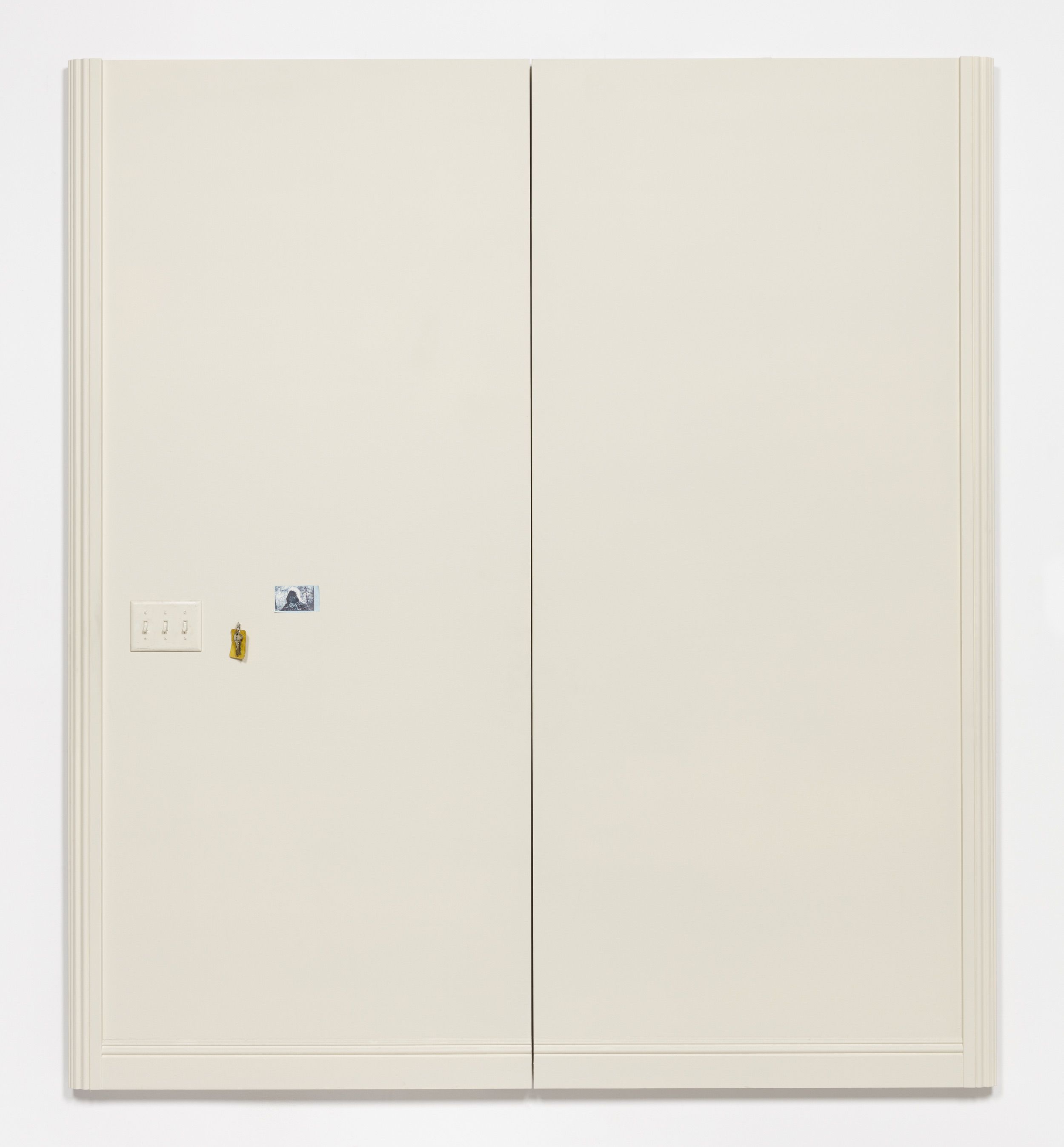  Andrew Chapman  Templates for Recall (1) , 2018 Light switches, moulding, keys/key hook, pastel, magazine clipping, and latex paint on panels 95 x 86.5 x 2 inches overall 
