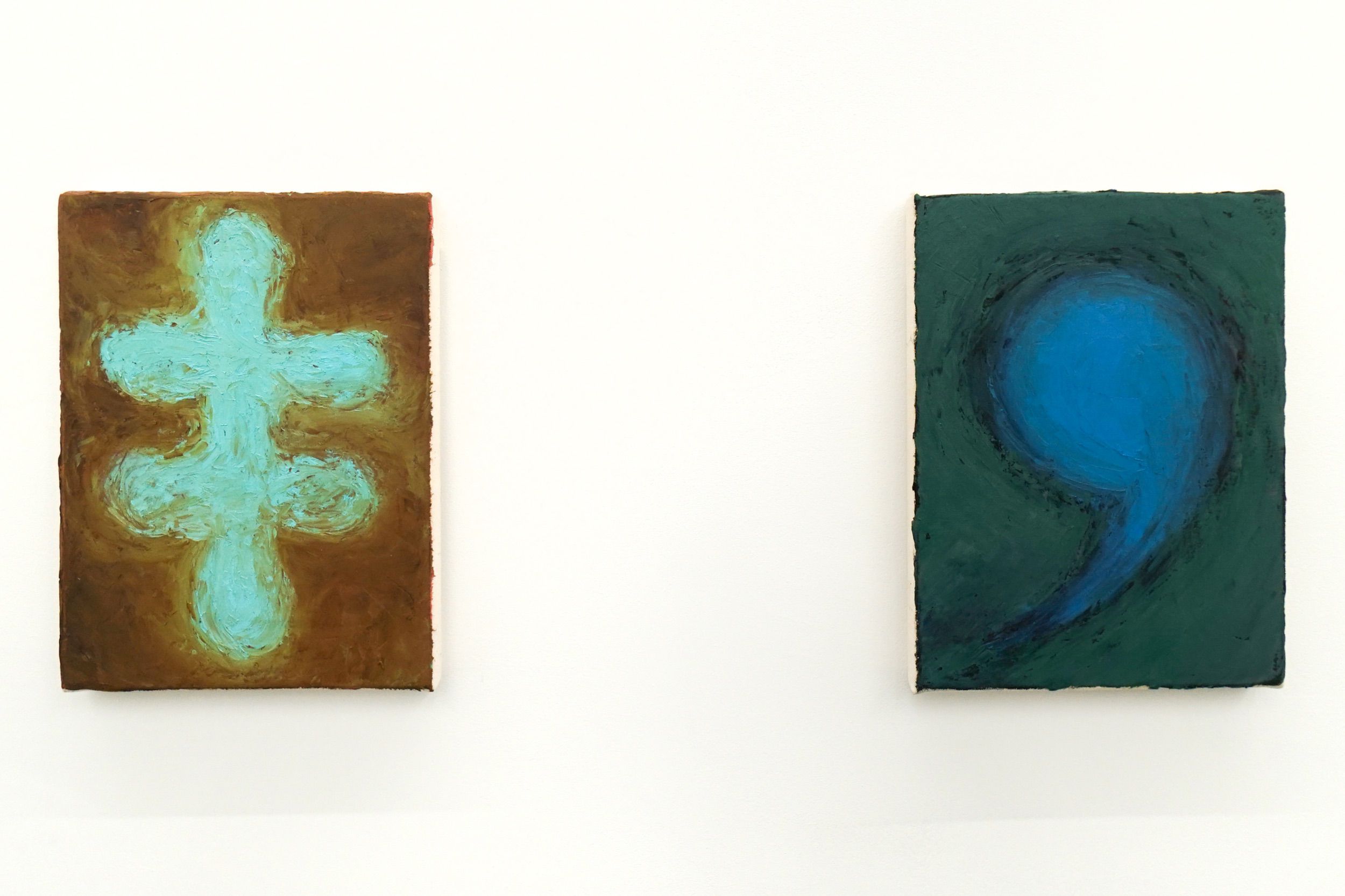  Left to right: Keith J. Varadi  Piece of Mine , 2012-2019 Oil and canvas 12 x 9 inches  Keith J. Varadi  World Comma (Comma of the World) , 2012-2019 Oil and canvas 12 x 9 inches 