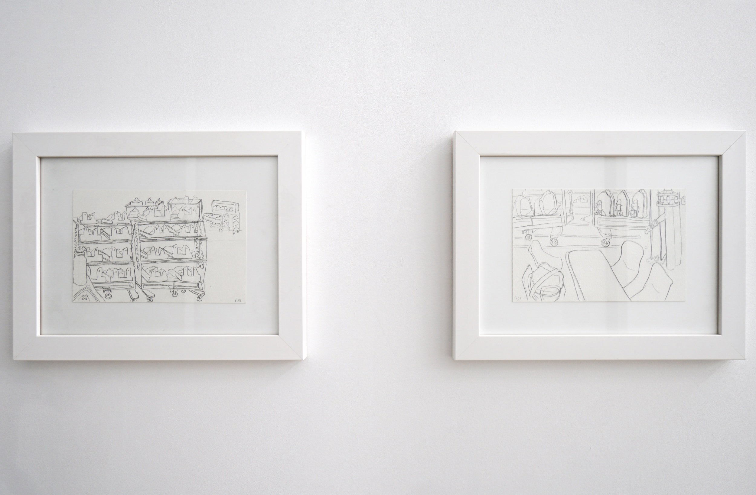  Left:  Nicki Green   Untitled (sinks) , 2019  Pencil on paper  5.5 x 8.5 inches     Right:  Nicki Green   Untitled (lunch) , 2019  Pencil on paper  5.5 x 8.5 inches 