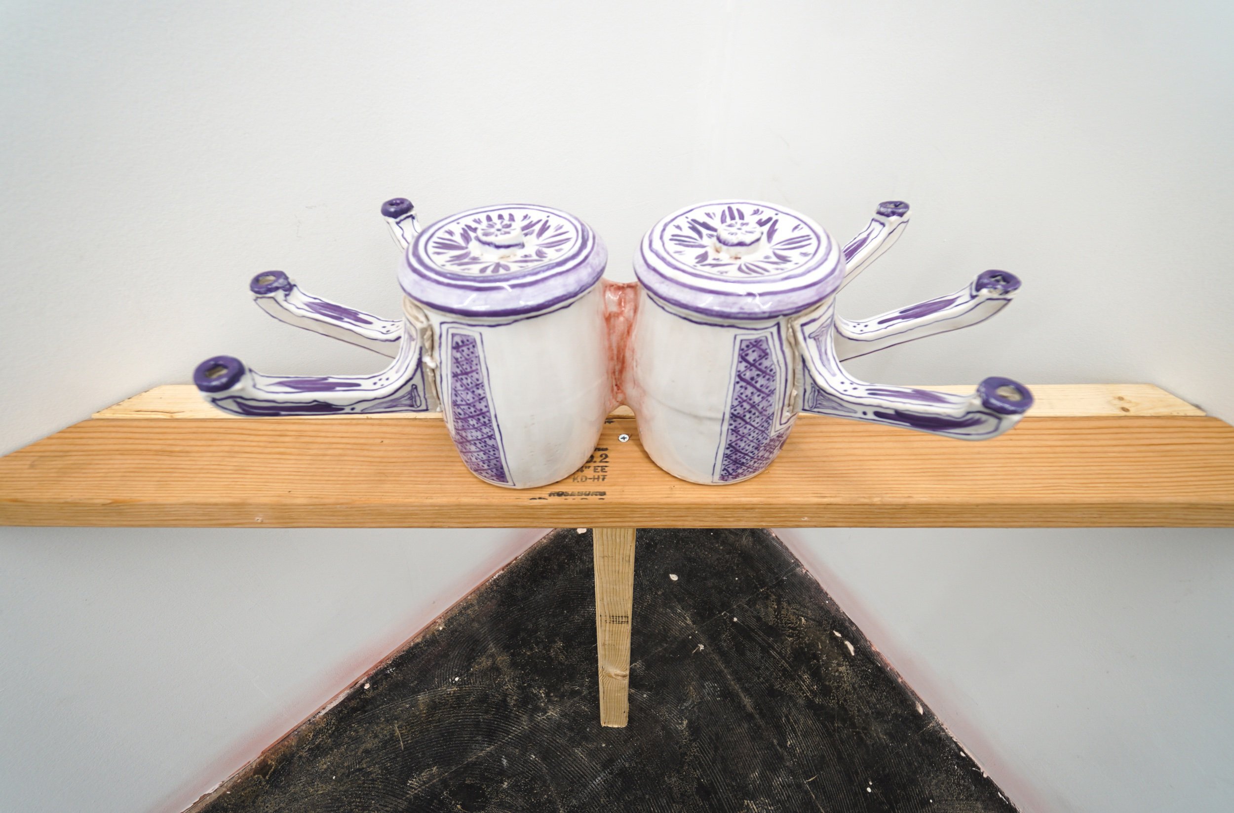  Nicki Green   Untitled (double jars with faucets) , 2019  Glazed vitreous china  9 x 6.5 x 19 inches 