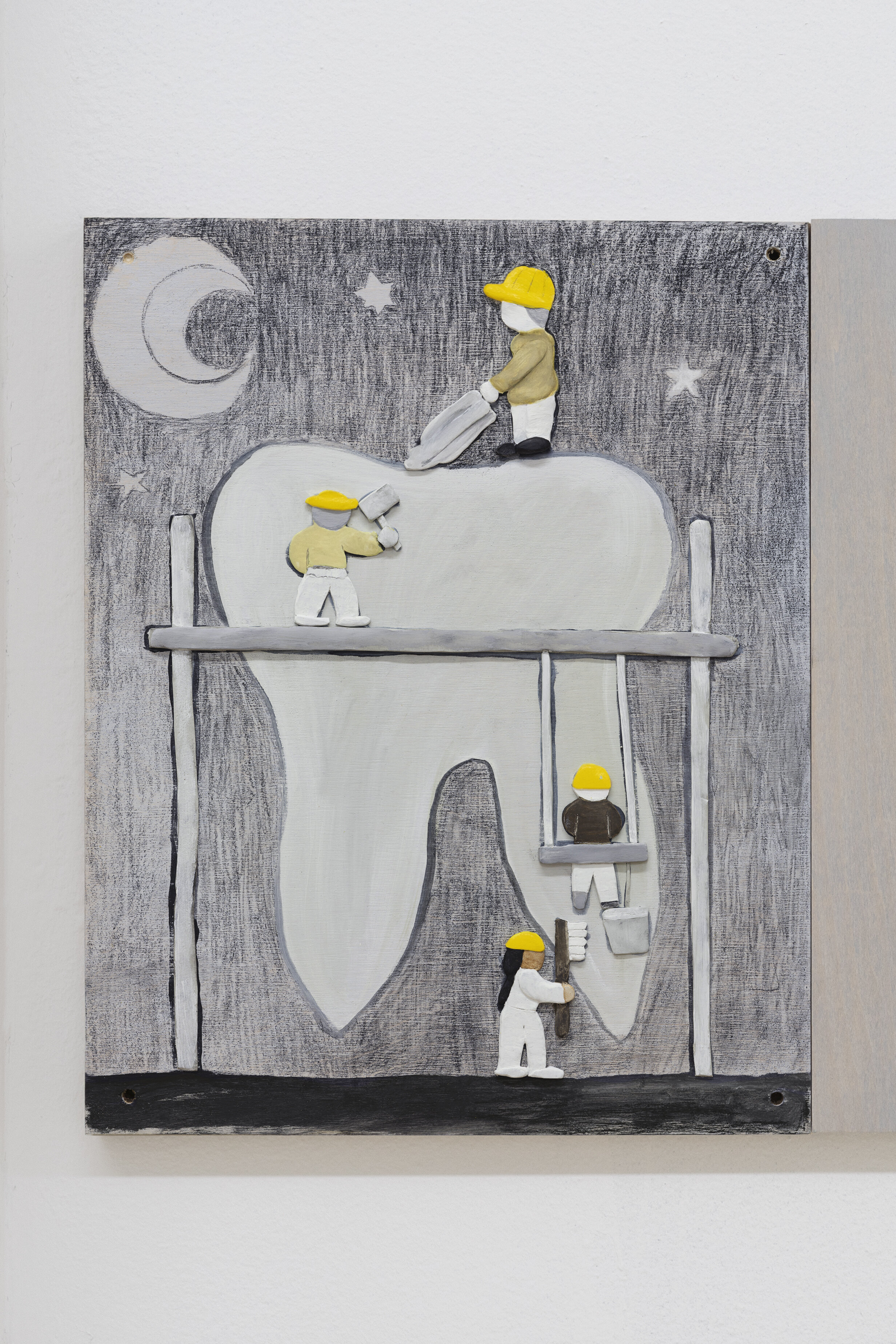  Dennis Witkin  Repairing Tooth,  2020 Oil paint, acrylic paint, cal-tint, wood-stain, charcoal, graphite, epoxy clay, polymer clay on panel 14 x 11 inches 