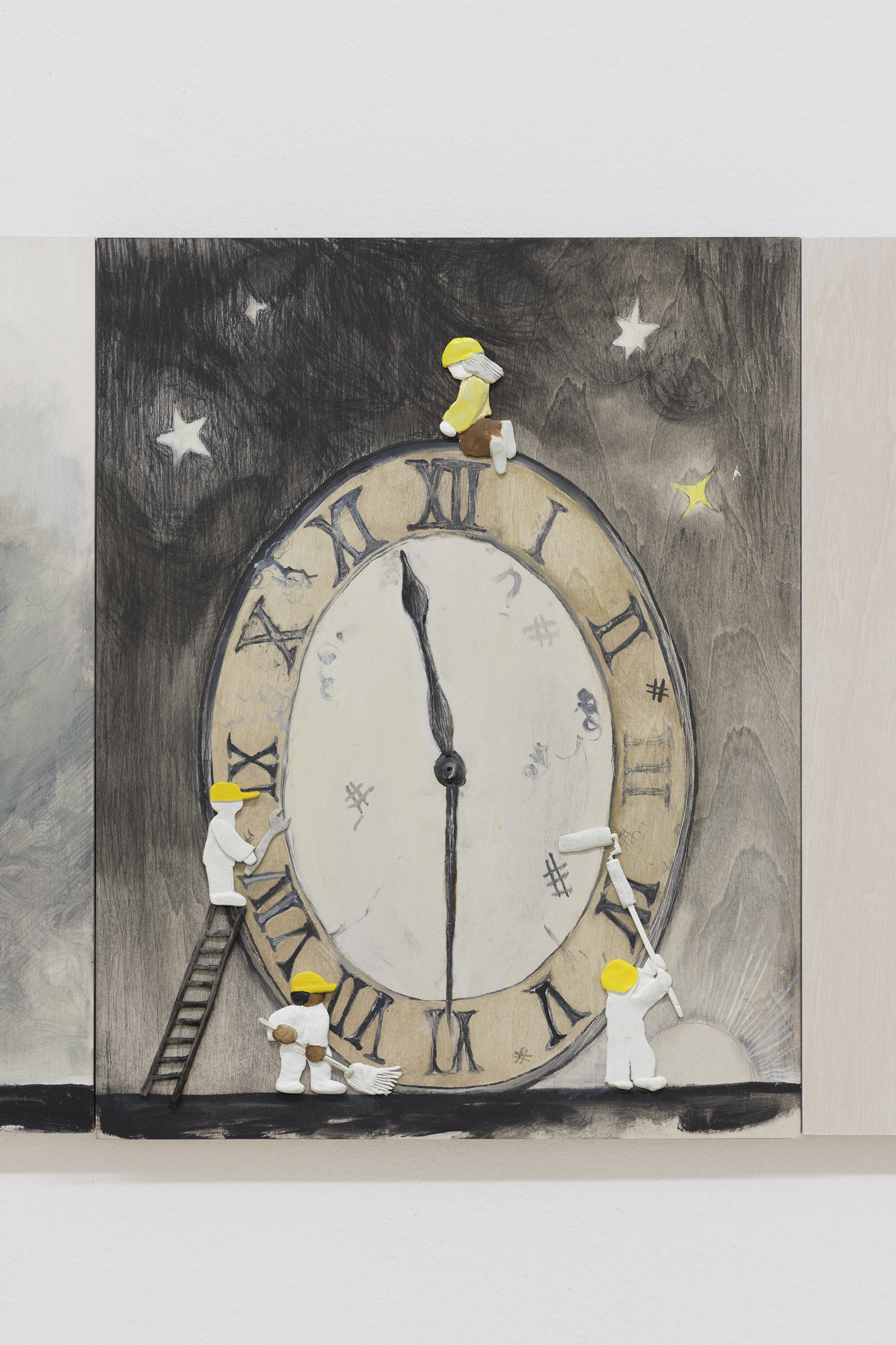  Dennis Witkin  Repairing Time,  2020 Oil paint, acrylic paint, cal-tint, wood-stain, charcoal, graphite, epoxy clay, polymer clay on panel 14 x 11 inches 