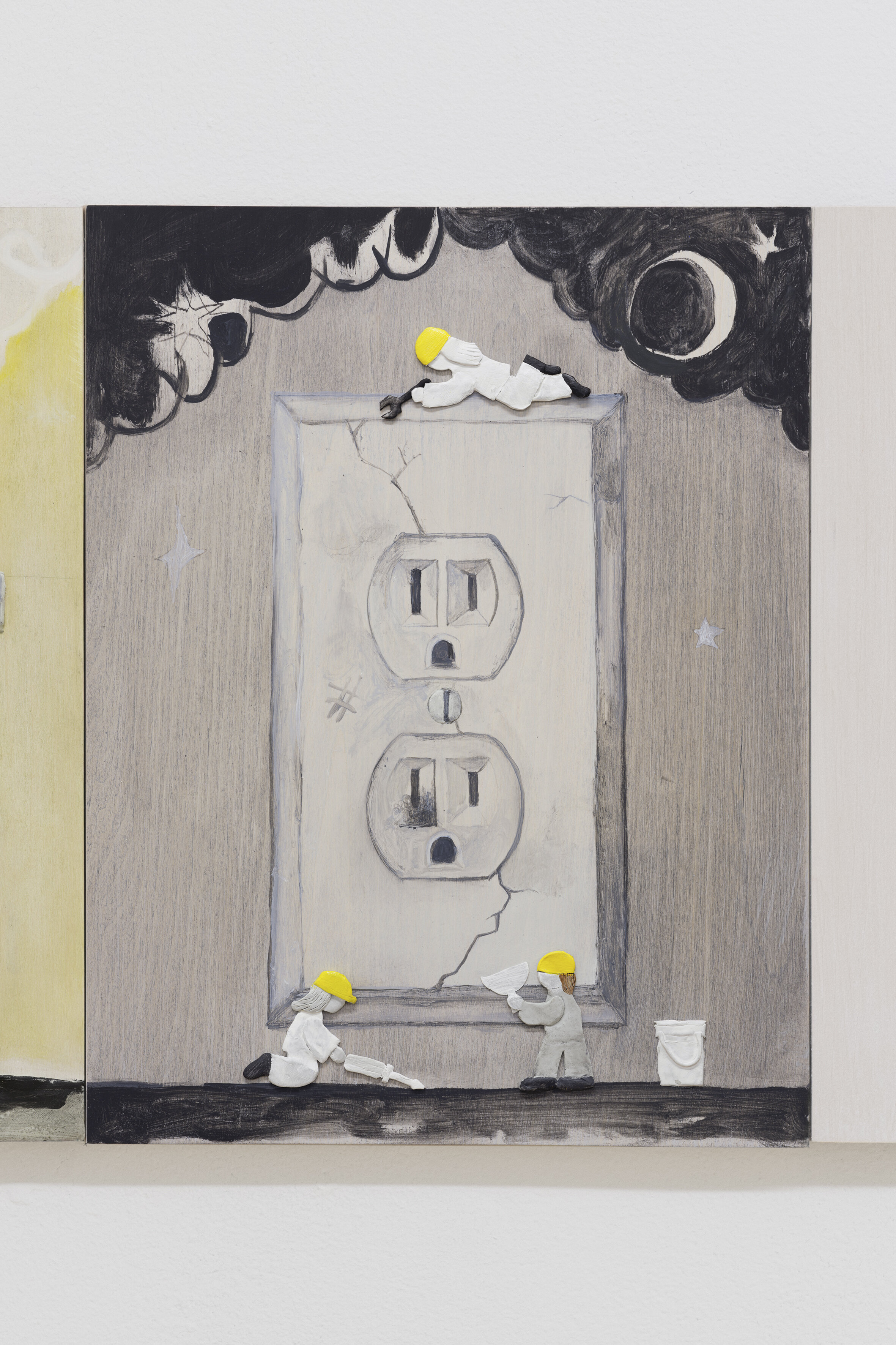  Dennis Witkin  Repairing Outlet,  2020 Oil paint, acrylic paint, cal-tint, wood-stain, charcoal, graphite, epoxy clay, polymer clay on panel 14 x 11 inches 