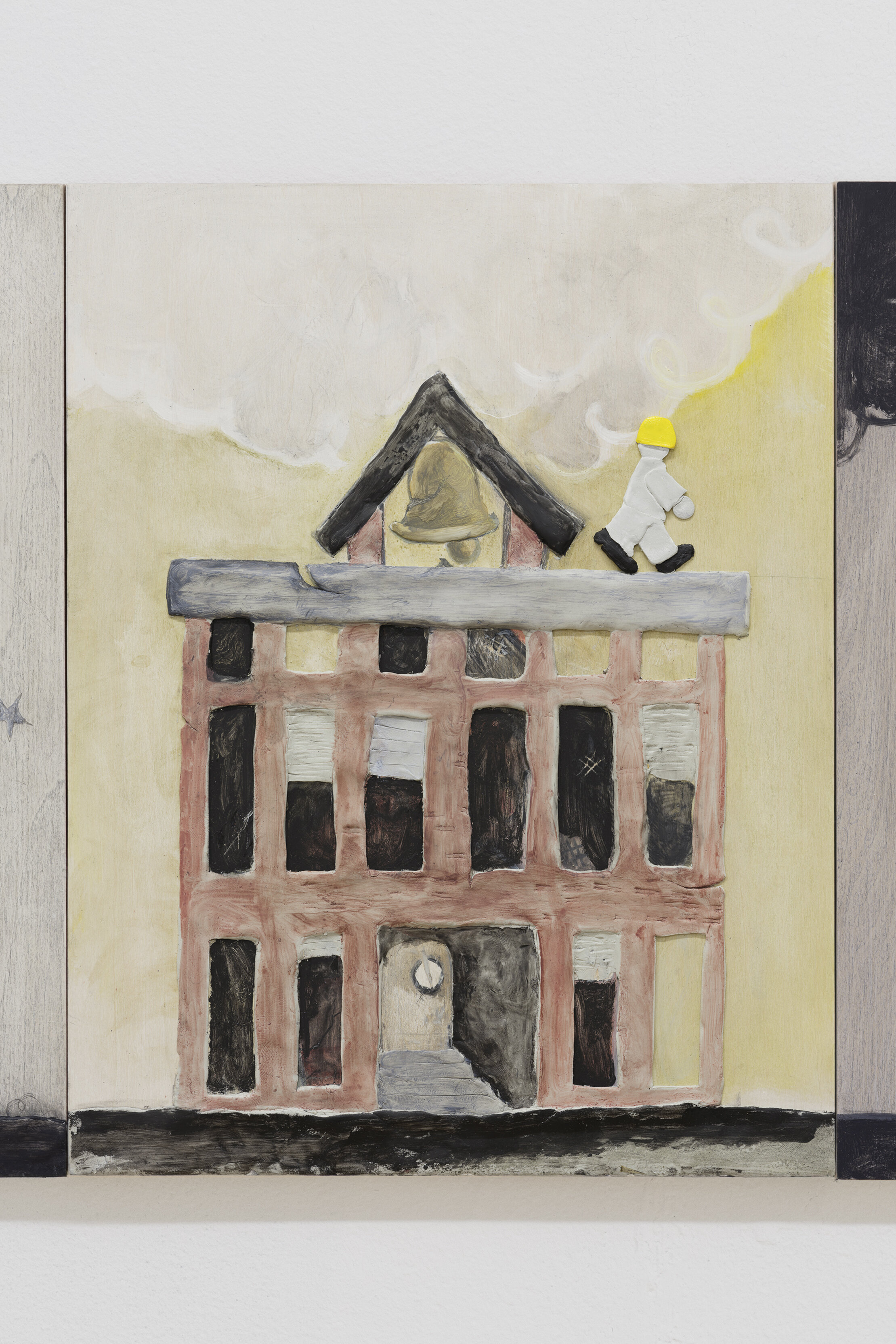  Dennis Witkin  Repairing School,  2020 Oil paint, acrylic paint, cal-tint, wood-stain, charcoal, graphite, epoxy clay, polymer clay on panel 14 x 11 inches 