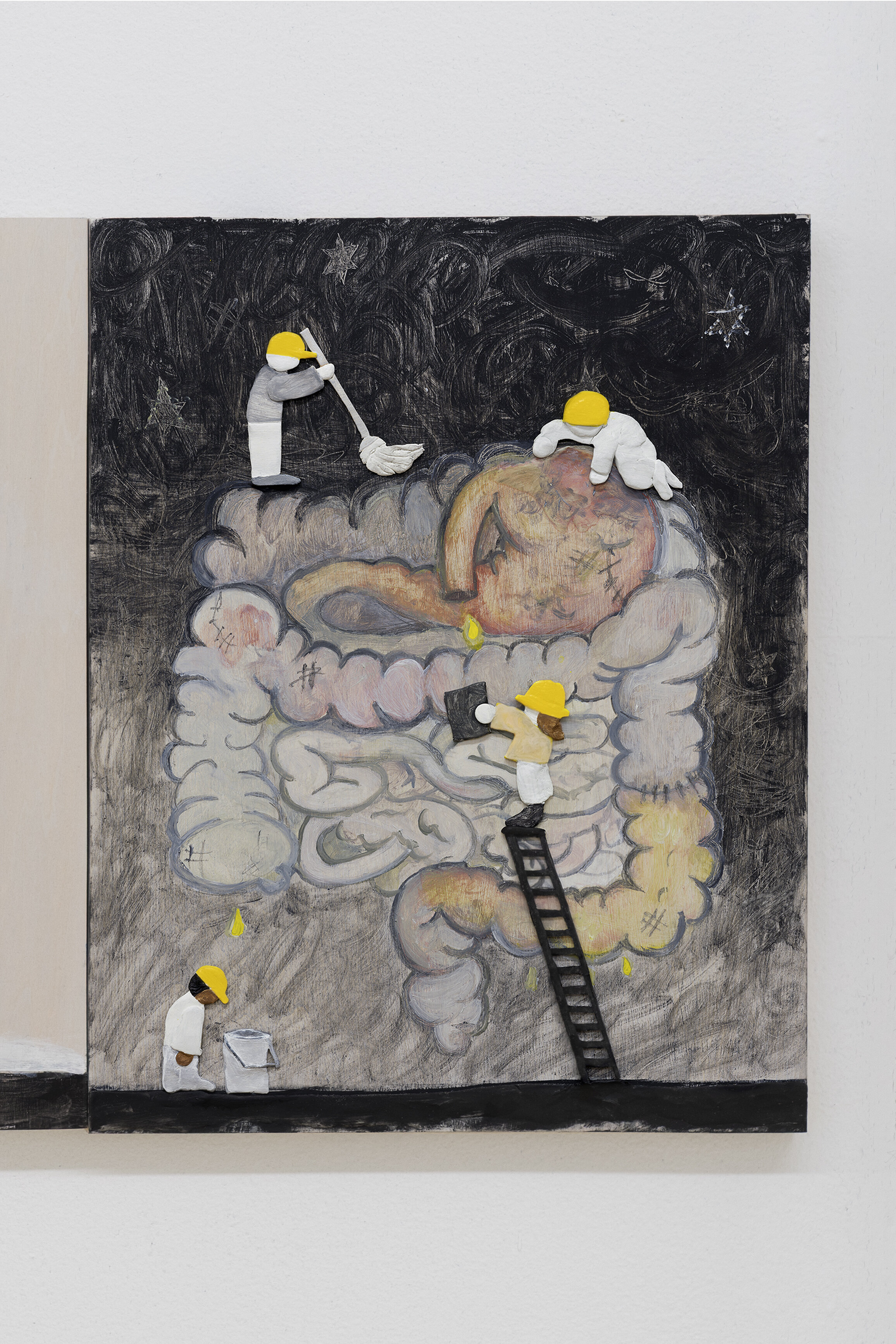  Dennis Witkin  Repairing Intestines,  2020 Oil paint, acrylic paint, cal-tint, wood-stain, charcoal, graphite, epoxy clay, polymer clay on panel 14 x 11 inches 