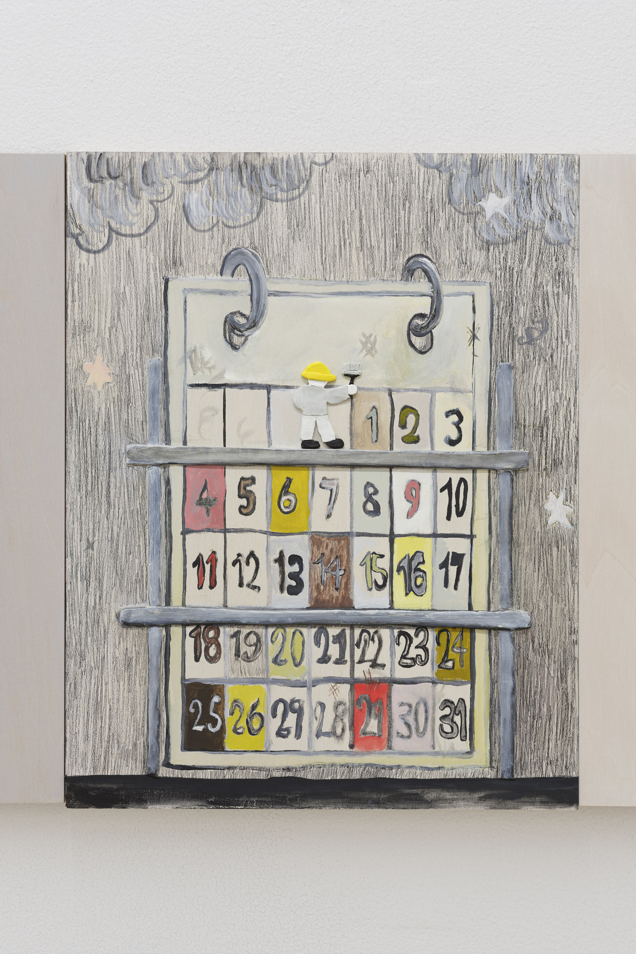  Dennis Witkin  Repairing The Year , 2020 Oil paint, acrylic paint, cal-tint, wood-stain, charcoal, graphite, epoxy clay, polymer clay on panel 14 x 11 inches 