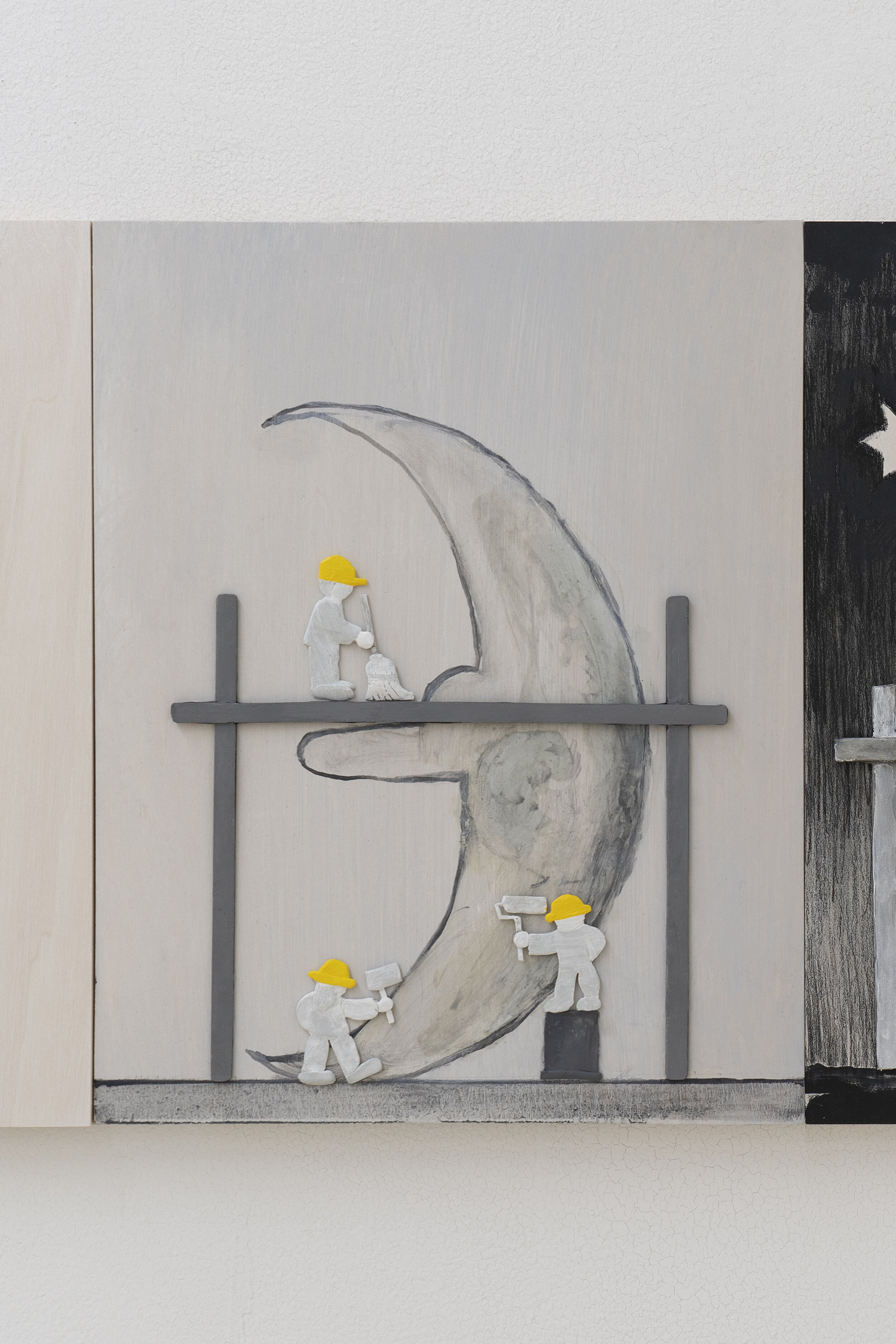  Dennis Witkin  Repairing Moon,  2020 Oil paint, acrylic paint, cal-tint, wood-stain, epoxy clay, polymer clay on panel 14 x 11 inches 