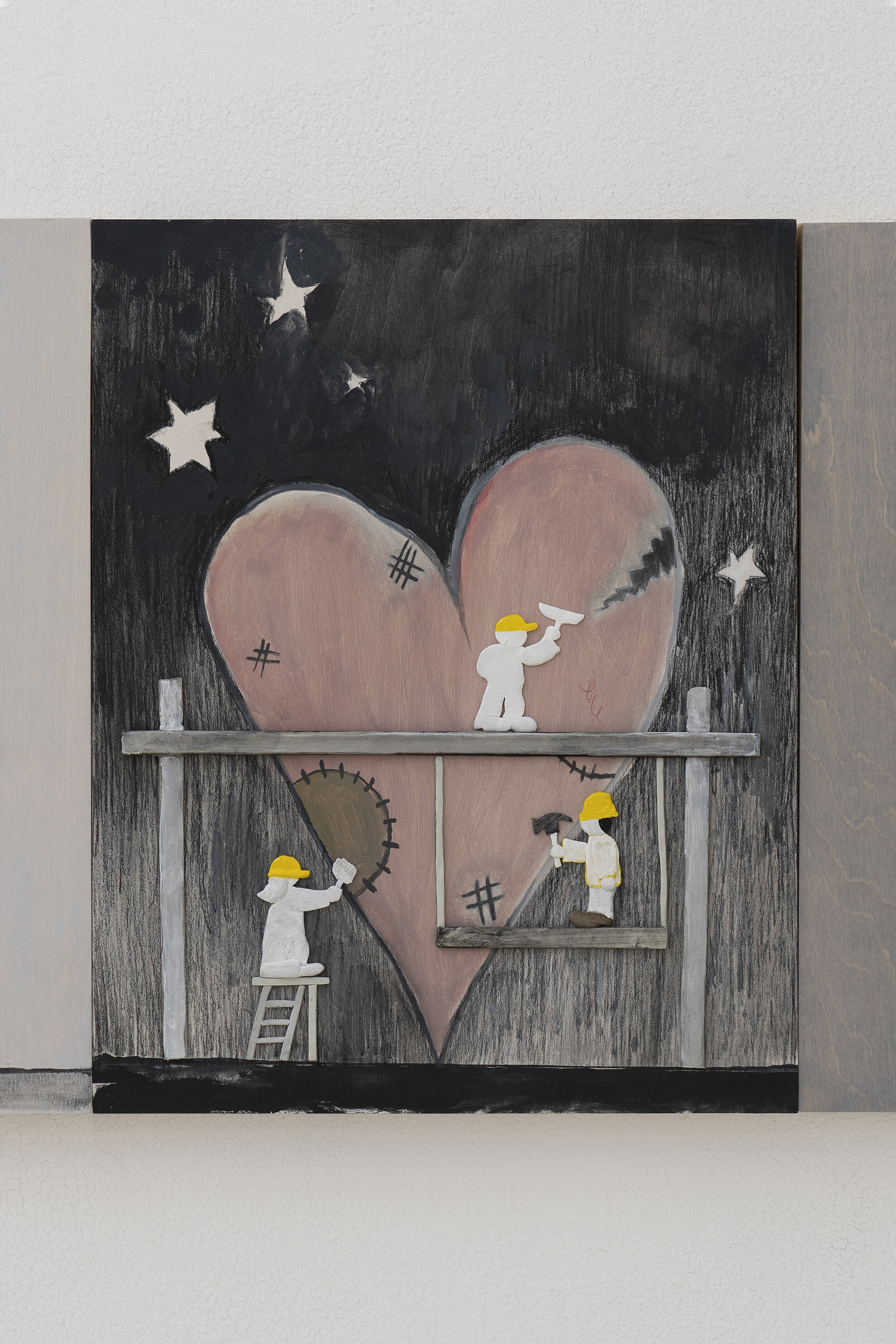  Dennis Witkin  Repairing Heart,  2020 Oil paint, acrylic paint, cal-tint, wood-stain, charcoal, graphite, epoxy clay, polymer clay on panel 14 x 11 inches 