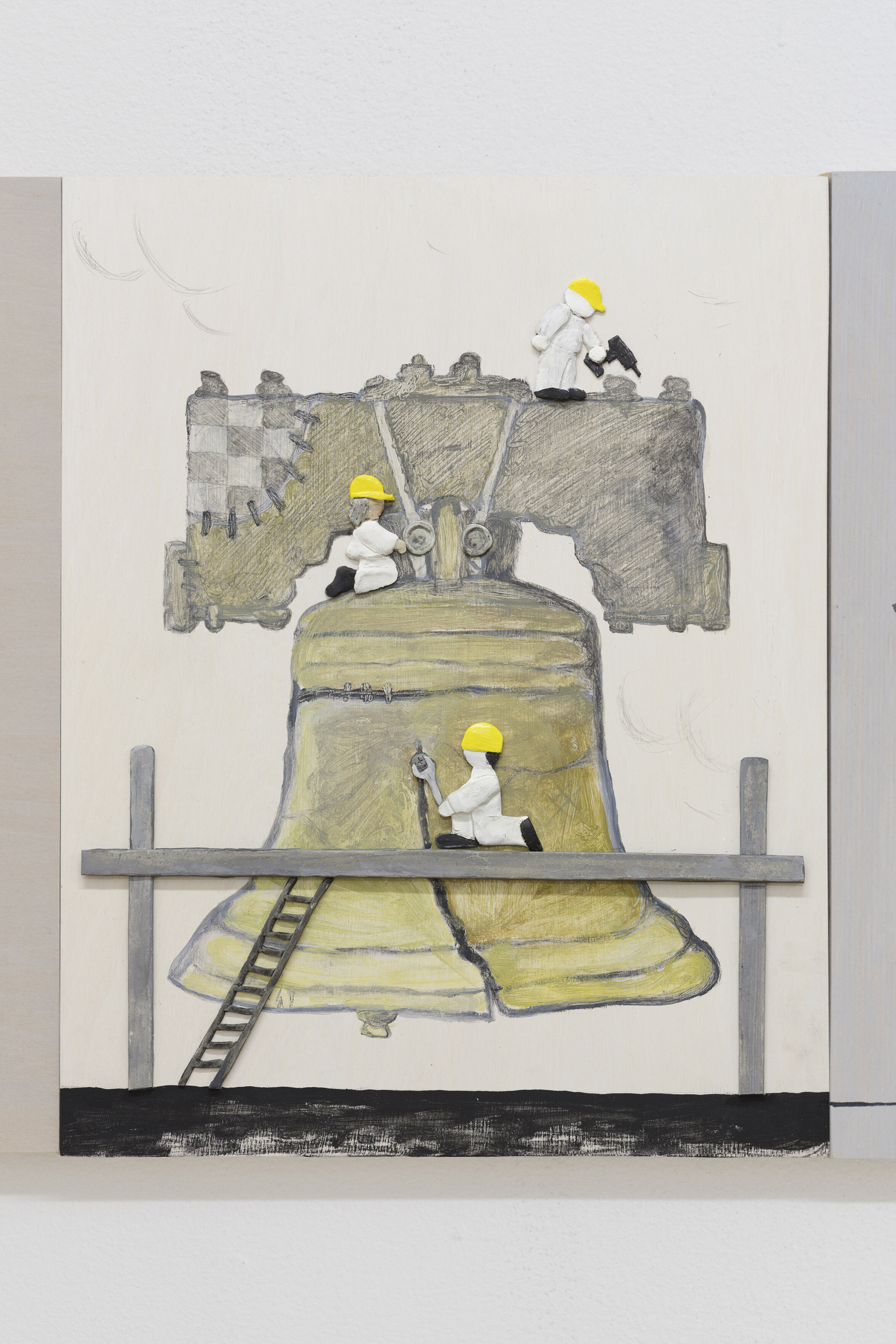  Dennis Witkin  Repairing Bell,  2020 Oil paint, acrylic paint, cal-tint, wood-stain, charcoal, graphite, epoxy clay, polymer clay on panel 14 x 11 inches 