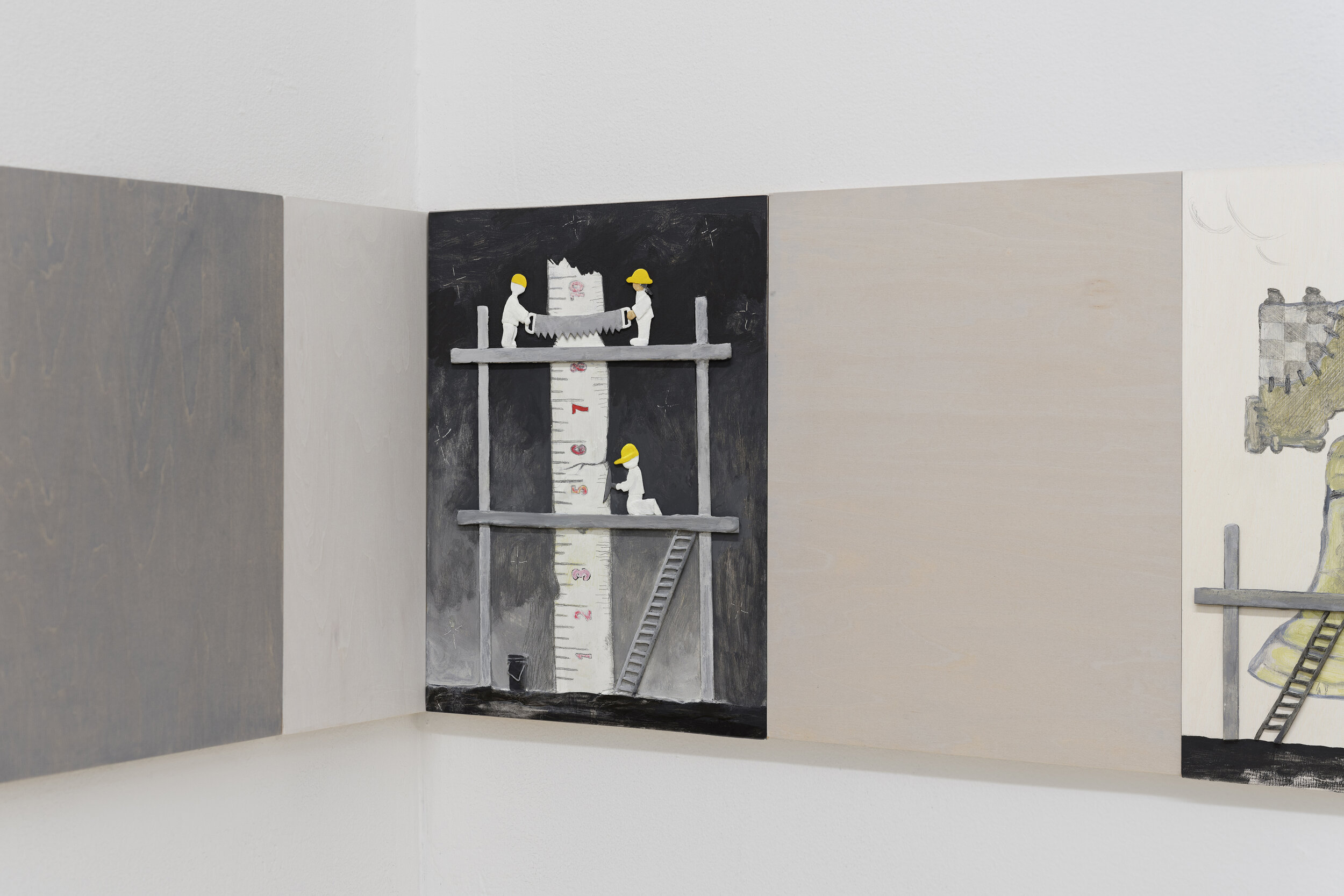  Dennis Witkin  Repairing Ruler,  2020 Oil paint, acrylic paint, cal-tint, wood-stain, charcoal, graphite, epoxy clay, polymer clay on panel 14 x 11 inches 