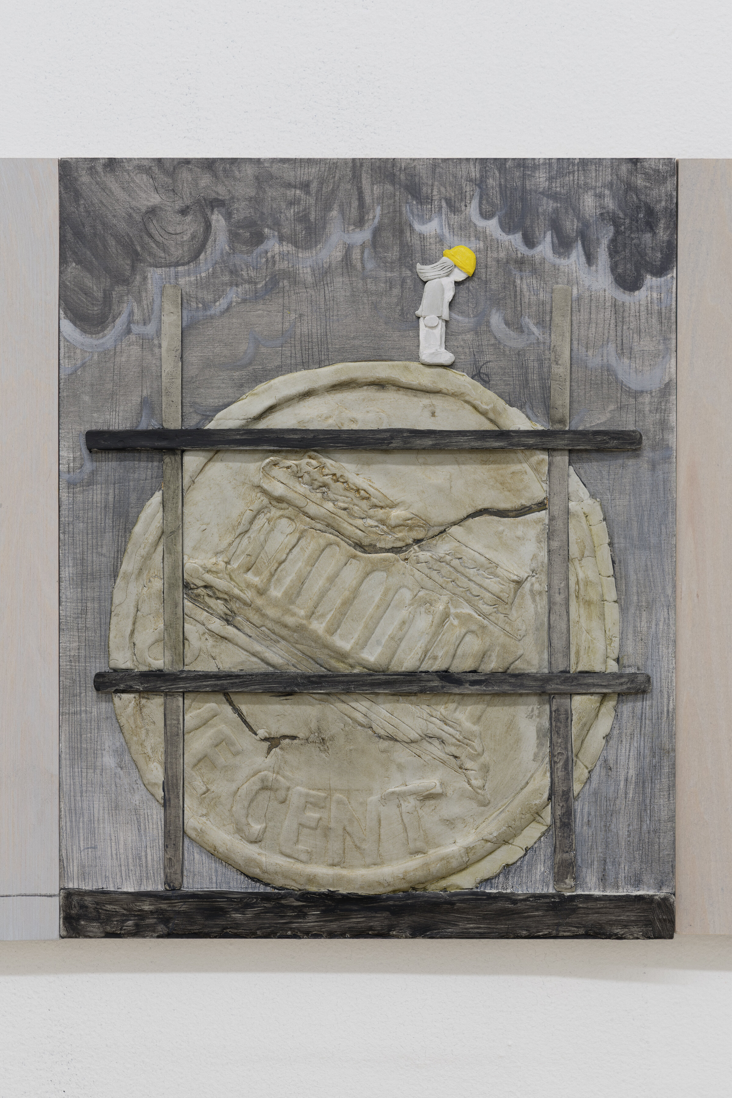  Dennis Witkin  Repairing Coin,  2020 Oil paint, acrylic paint, cal-tint, wood-stain, charcoal, graphite, epoxy clay, polymer clay on panel 14 x 11 inches 