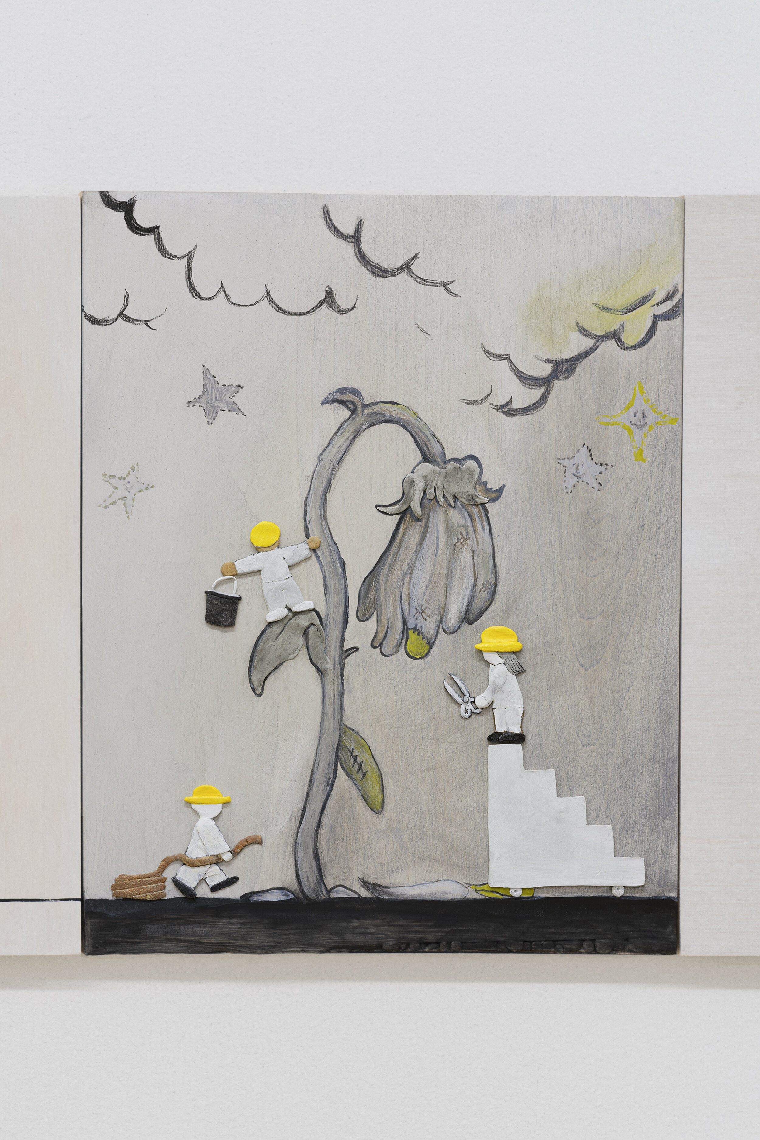  Dennis Witkin  Repairing Flower,  2020 Oil paint, acrylic paint, cal-tint, wood-stain, charcoal, graphite, epoxy clay, polymer clay on panel 14 x 11 inches 