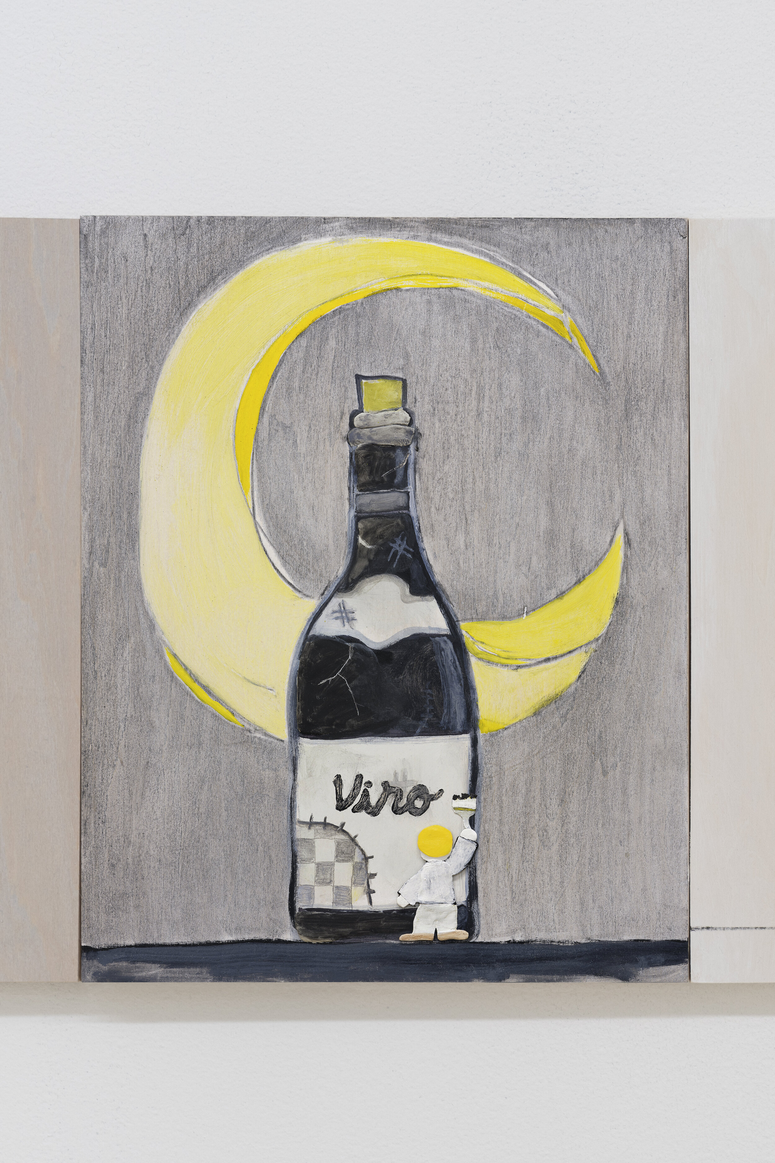  Dennis Witkin  Repairing Wine,  2020 Oil paint, acrylic paint, cal-tint, wood-stain, charcoal, graphite, epoxy clay, polymer clay on panel 14 x 11 inches 
