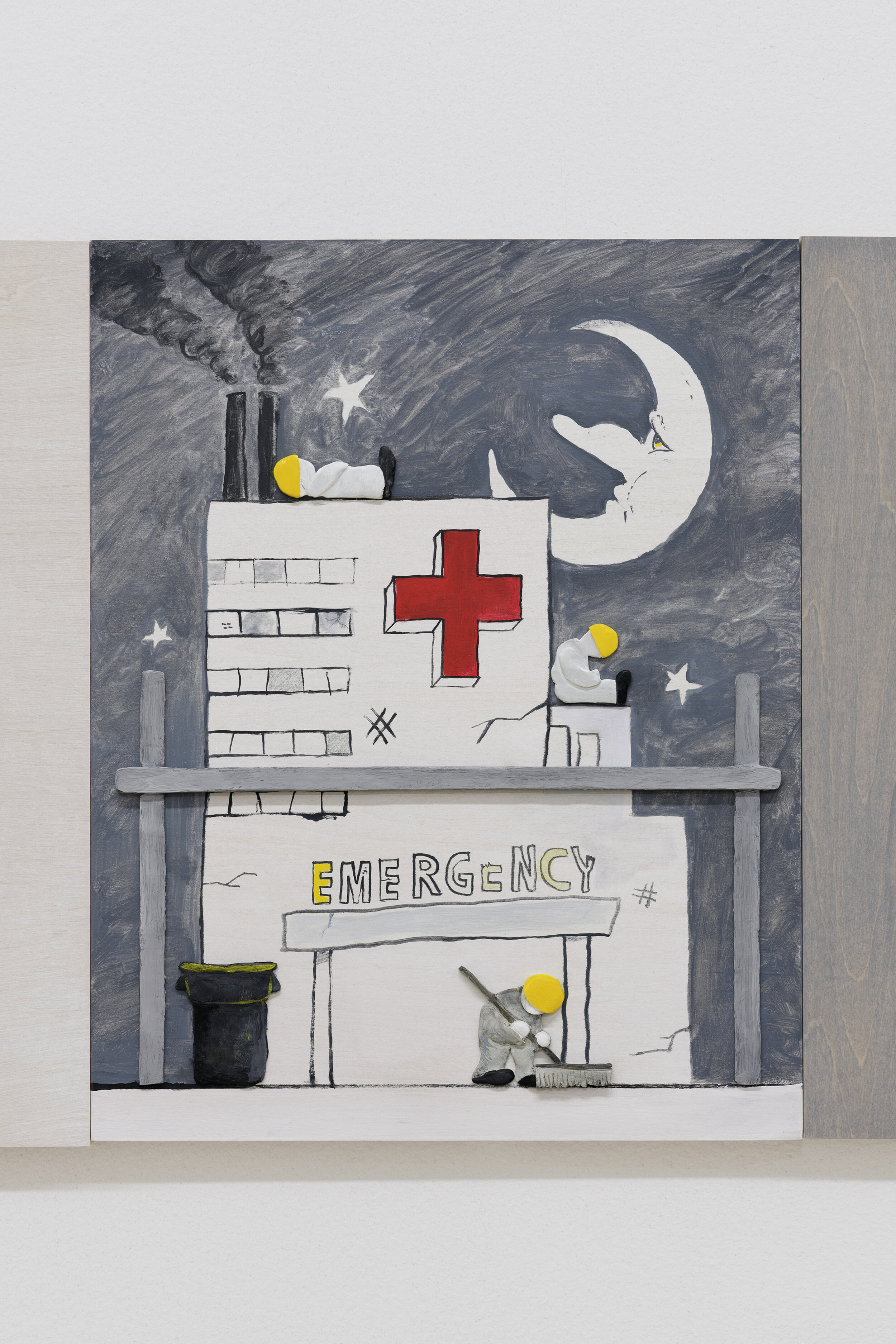  Dennis Witkin  Repairing Hospital,  2020 Oil paint, acrylic paint, cal-tint, wood-stain, charcoal, graphite, epoxy clay, polymer clay on panel 14 x 11 inches 
