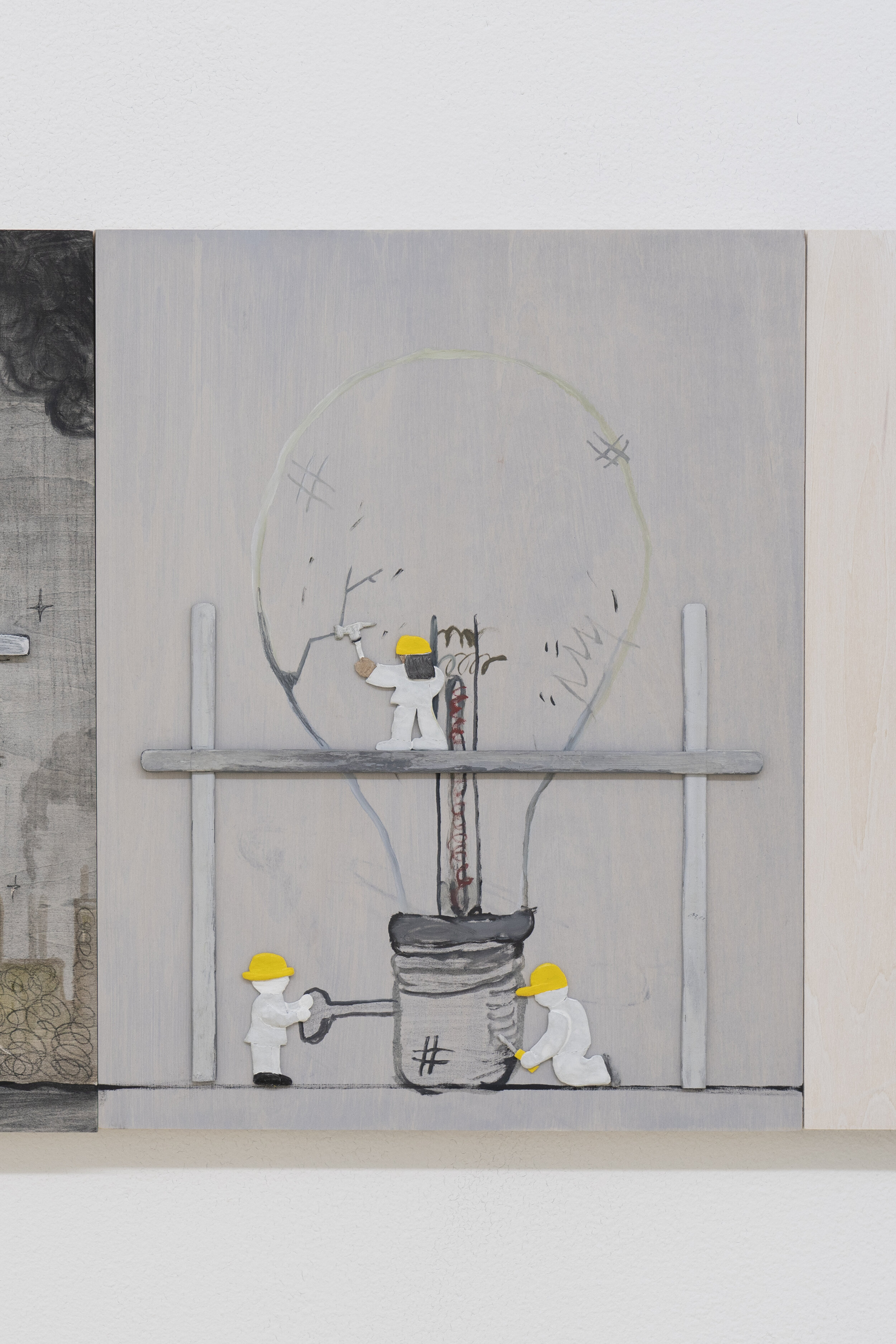  Dennis Witkin  Repairing Bulb,  2020 Oil paint, acrylic paint, cal-tint, wood-stain, epoxy clay, polymer clay on panel 14 x 11 inches 