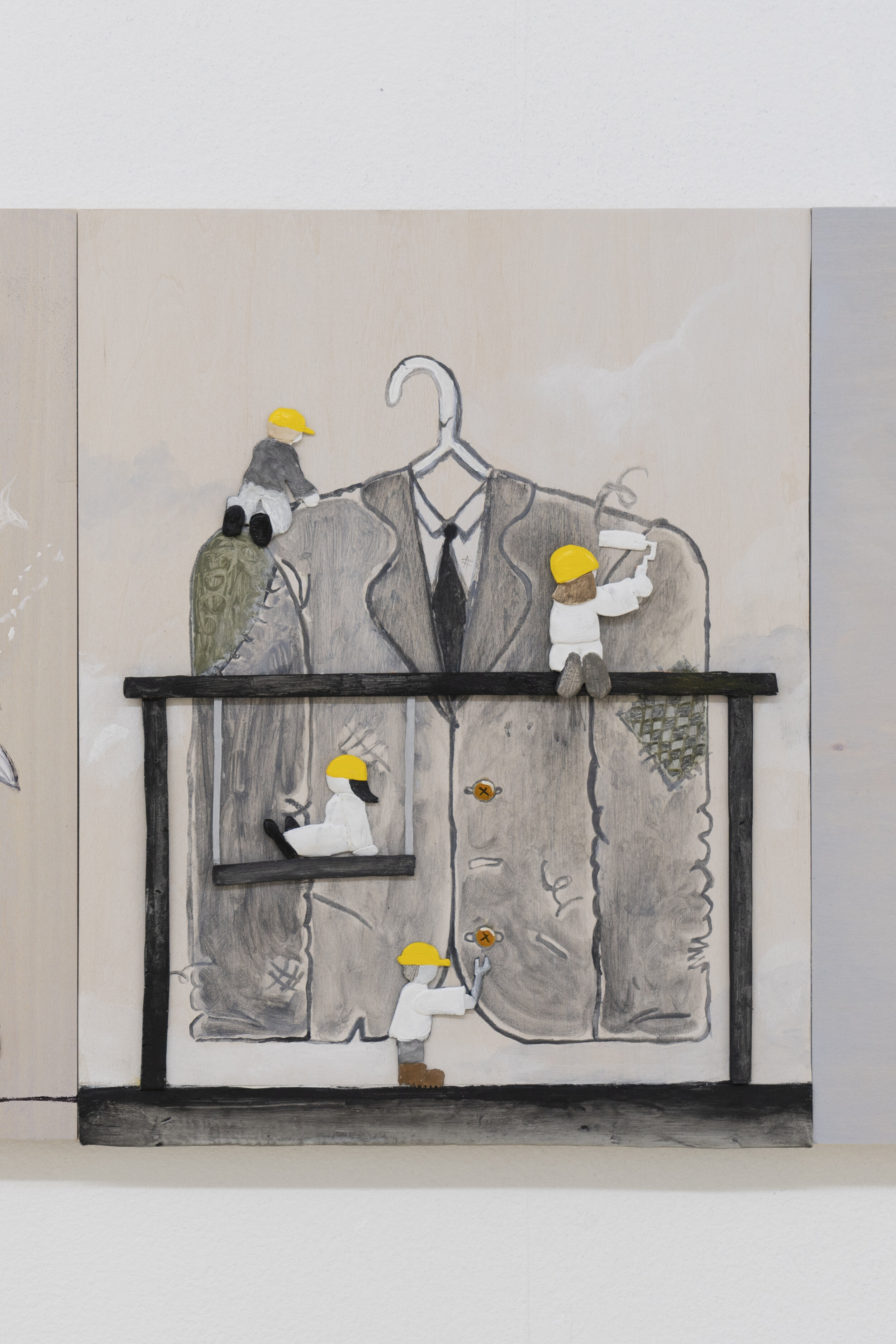  Dennis Witkin  Repairing Jacket,  2020 Oil paint, acrylic paint, cal-tint, wood-stain, charcoal, graphite, epoxy clay, polymer clay on panel 14 x 11 inches 