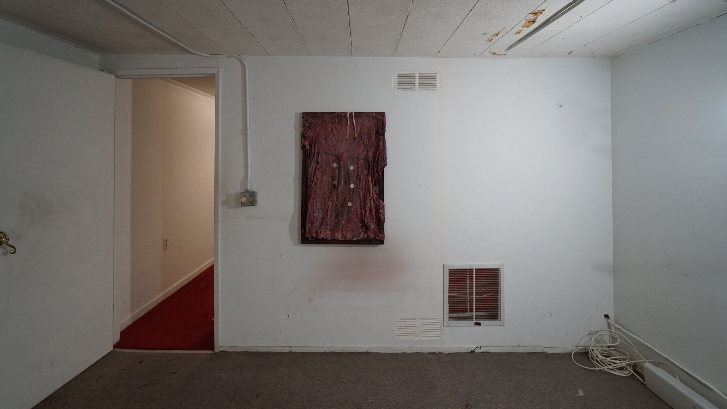  Bri Williams - Installation view    Them dogs that don’t tell , 2018 Dress, soap, cabinet door frame 24 x 17 x 1 1/2 in 61 x 43.2 x 3.8 cm 