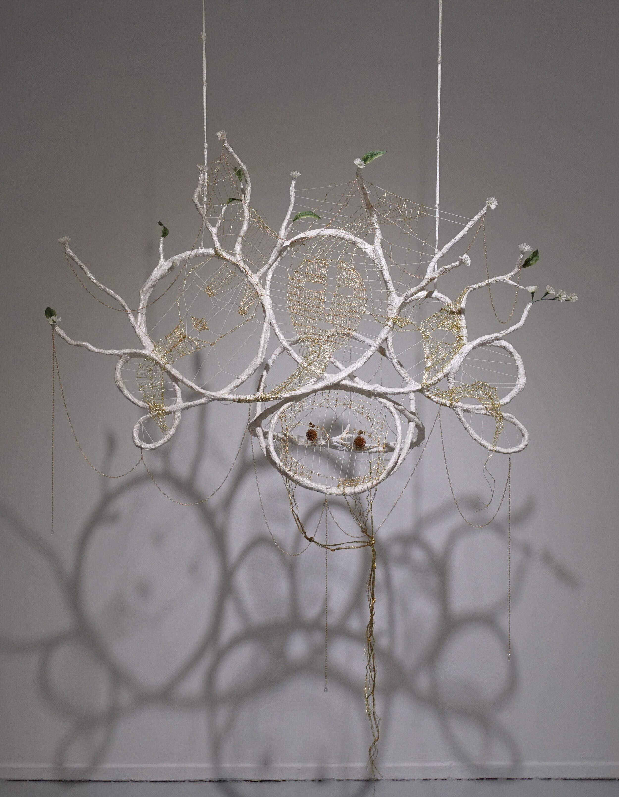  Mindy Rose Schwartz    Gone , 2020 Sticks, reeds, resin, wire, earrrings, chain, crystals, fake flowers 43 x 41 x 13 in 109.2 x 104.1 x 33 cm 