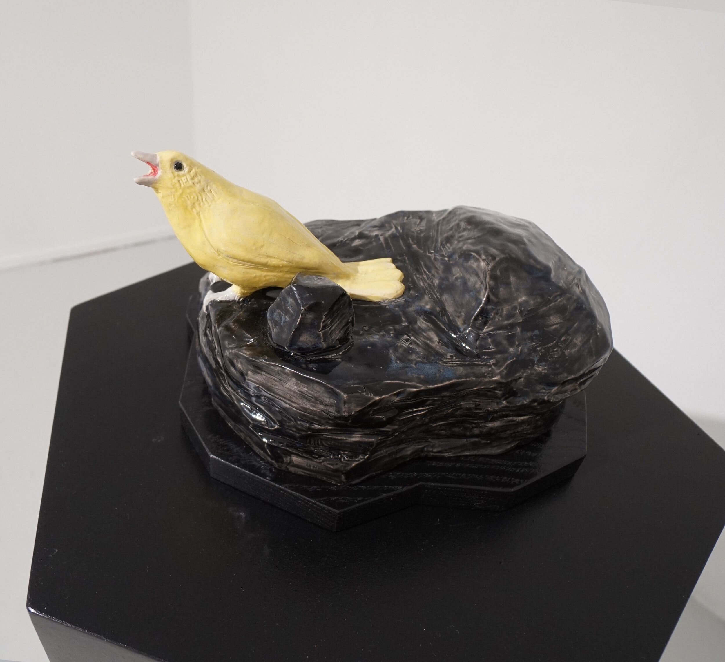  Mindy Rose Schwartz    The Canary , 2020 Fired clay, wood, musical mechanism 6 1/2 x 9 x 7 in 16.5 x 22.9 x 17.8 cm 