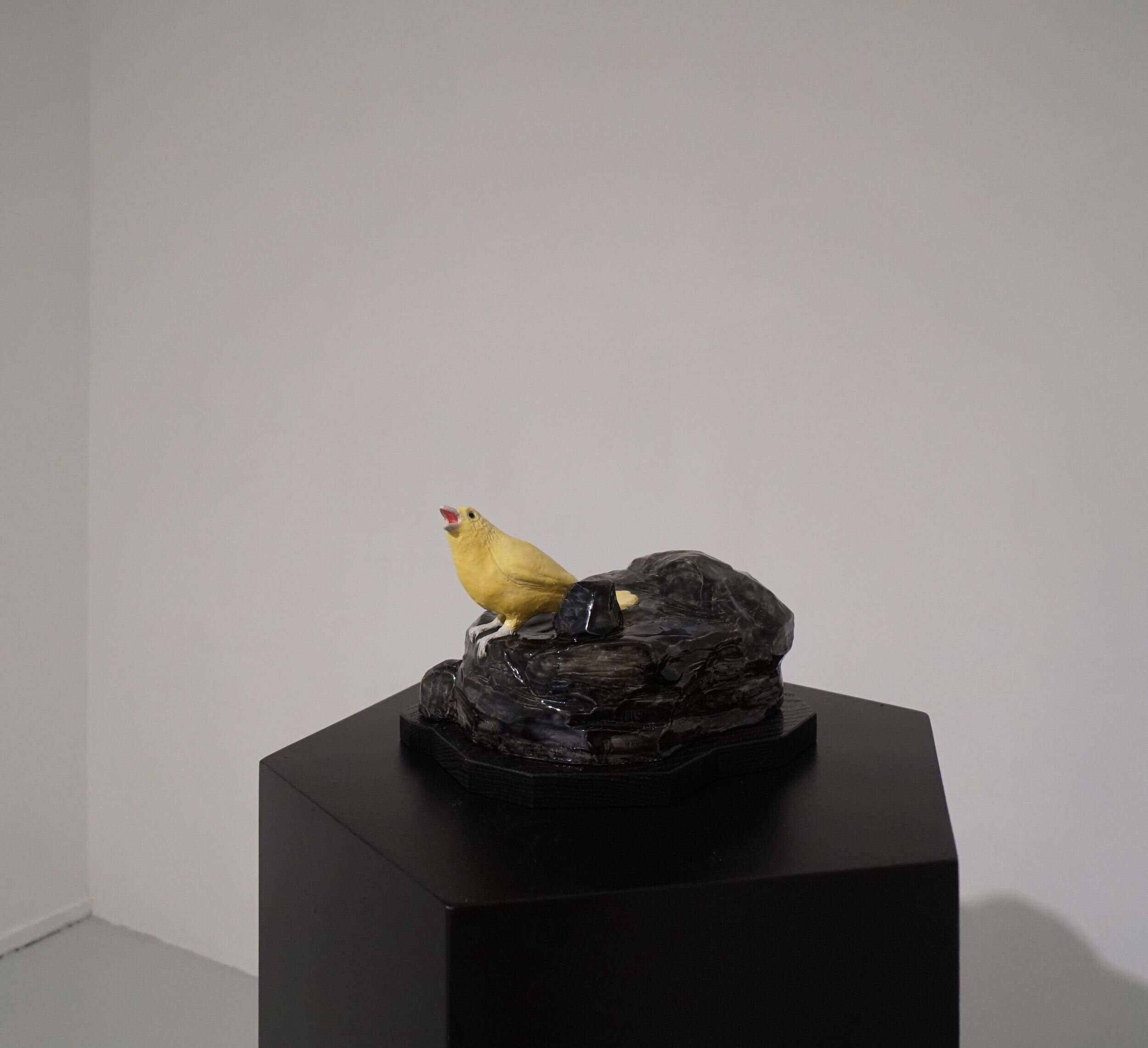  Mindy Rose Schwartz    The Canary , 2020 Fired clay, wood, musical mechanism 6 1/2 x 9 x 7 in 16.5 x 22.9 x 17.8 cm 