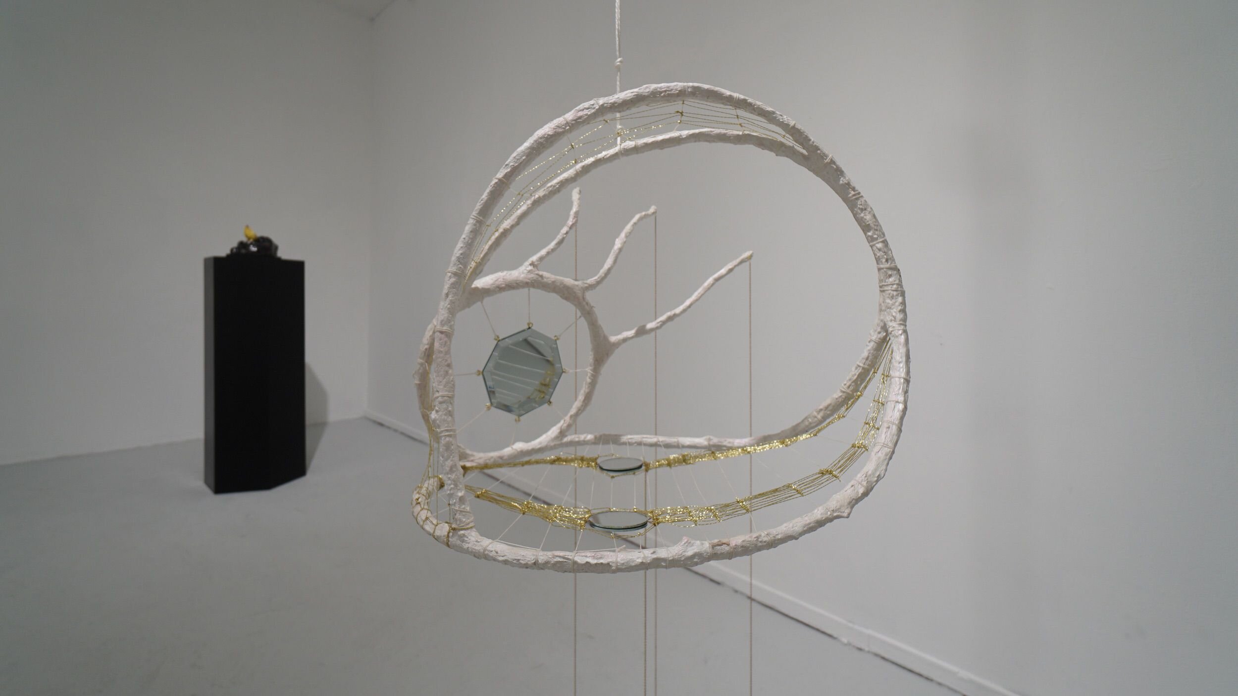  Mindy Rose Schwartz - Installation view  Eye Portrait , 2020 Reeds, branches, wire, resin, mirror, crystals, lamé cord, linen cord, rope 40 x 24 x 16 in 101.6 x 61 x 40.6 cm 