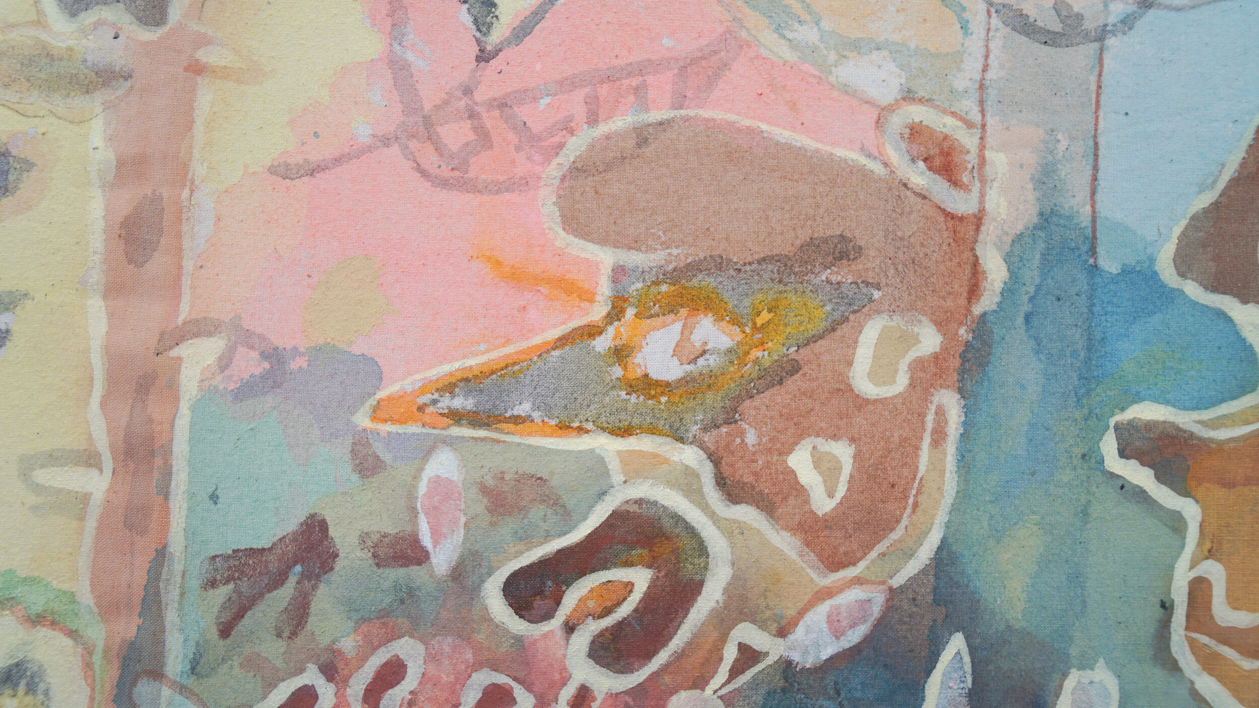  Ross Simonini   The Sunders , 2020 (detail) Watercolor, tempera, wax crayon, and graphite on muslin  35 x 35 inches 